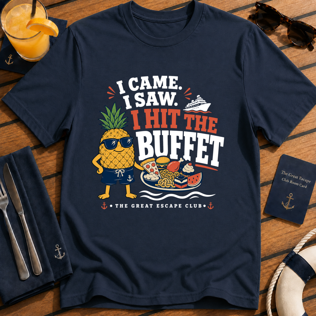 I Came I Saw I Hit the Buffet Hank the Pineapple funny cruise buffet navy t-shirt by The Great Escape Club