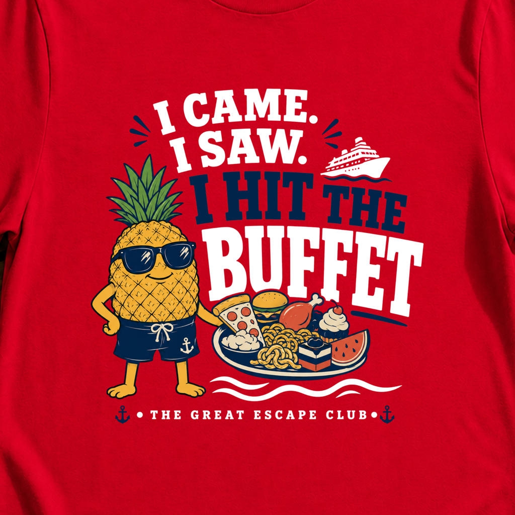 I Came I Saw I Hit the Buffet Hank the Pineapple funny cruise buffet t-shirt by The Great Escape Club