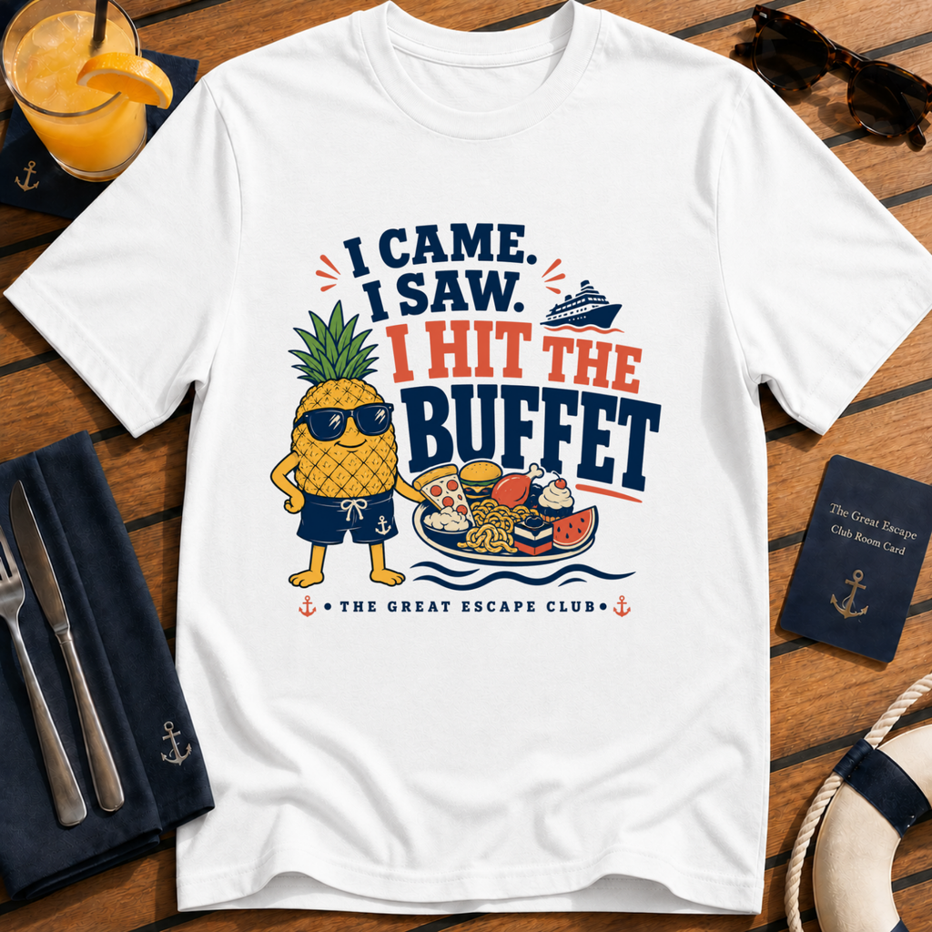 I Came I Saw I Hit the Buffet Hank the Pineapple funny cruise buffet white t-shirt by The Great Escape Club
