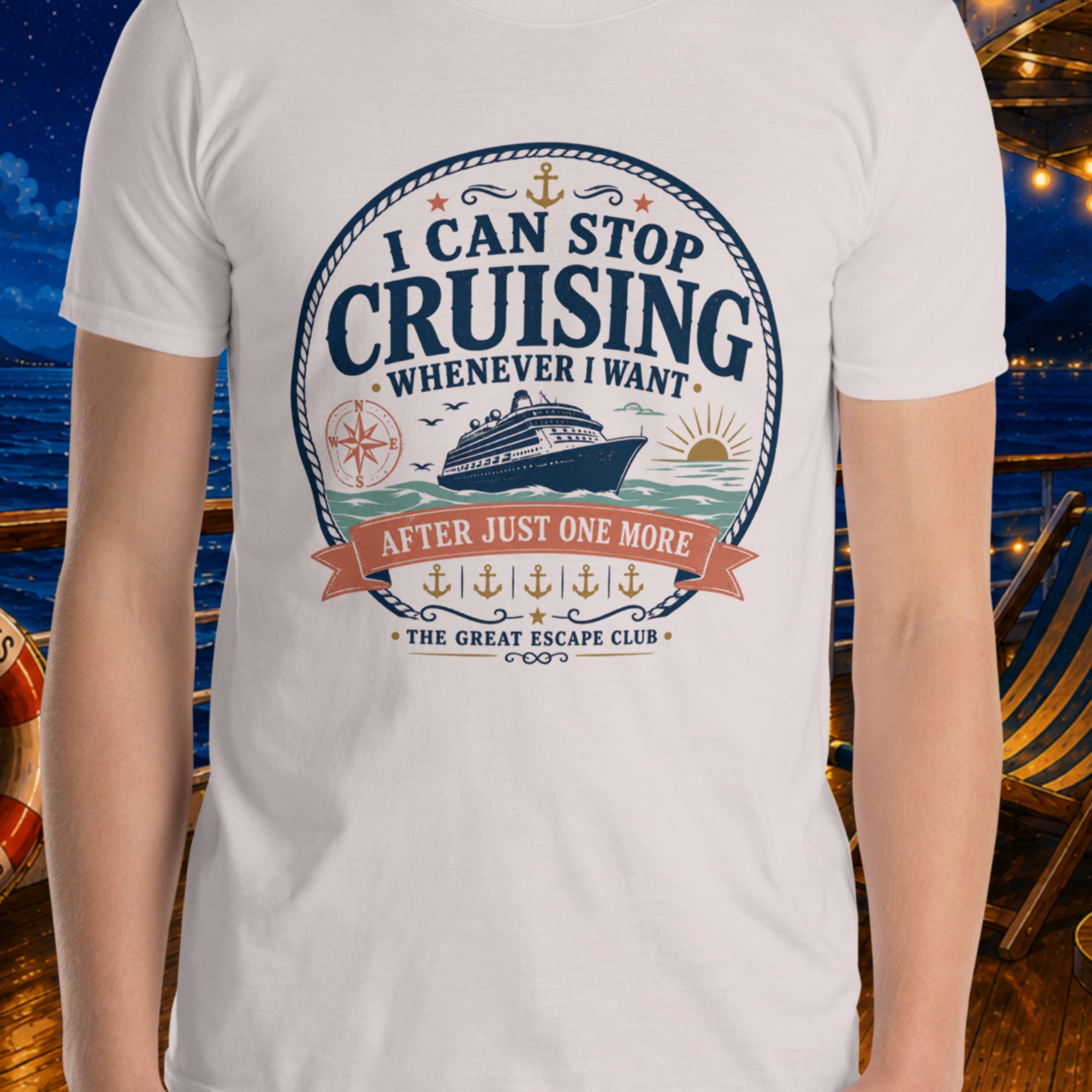 I Can Stop Cruising Whenever I Want unisex ice grey T-shirt with vintage cruise ship, compass, sunset and anchor badge design