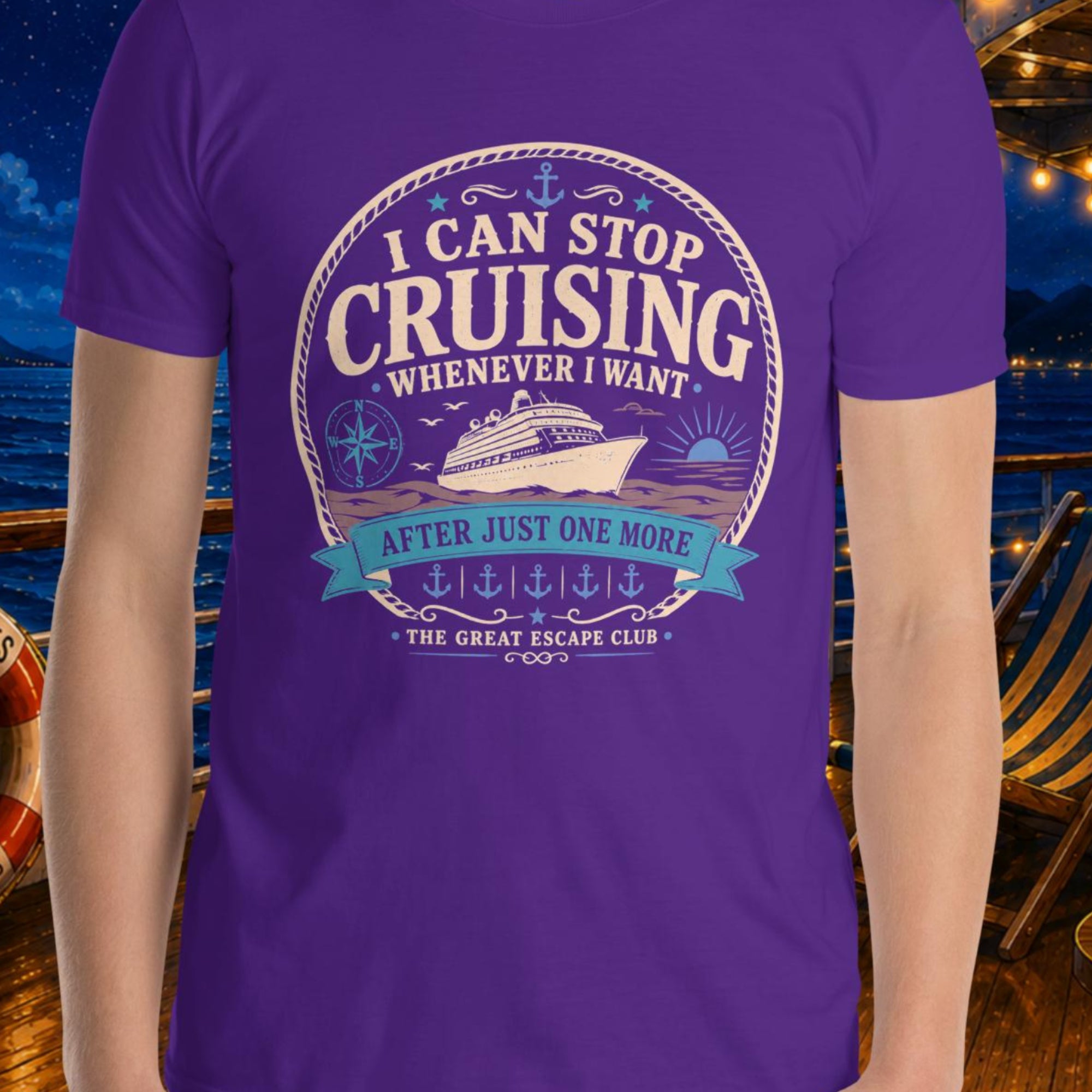 I Can Stop Cruising Whenever I Want purple unisex T-shirt with vintage cruise ship, compass, sunset and anchor badge design