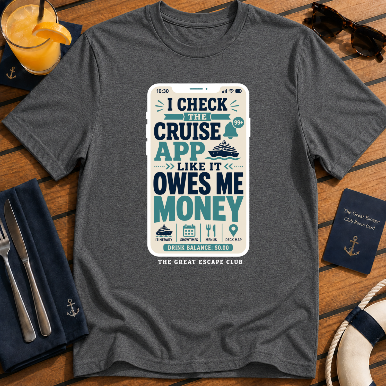 I Check the Cruise App funny cruise t-shirt design on Dark Heather shirt