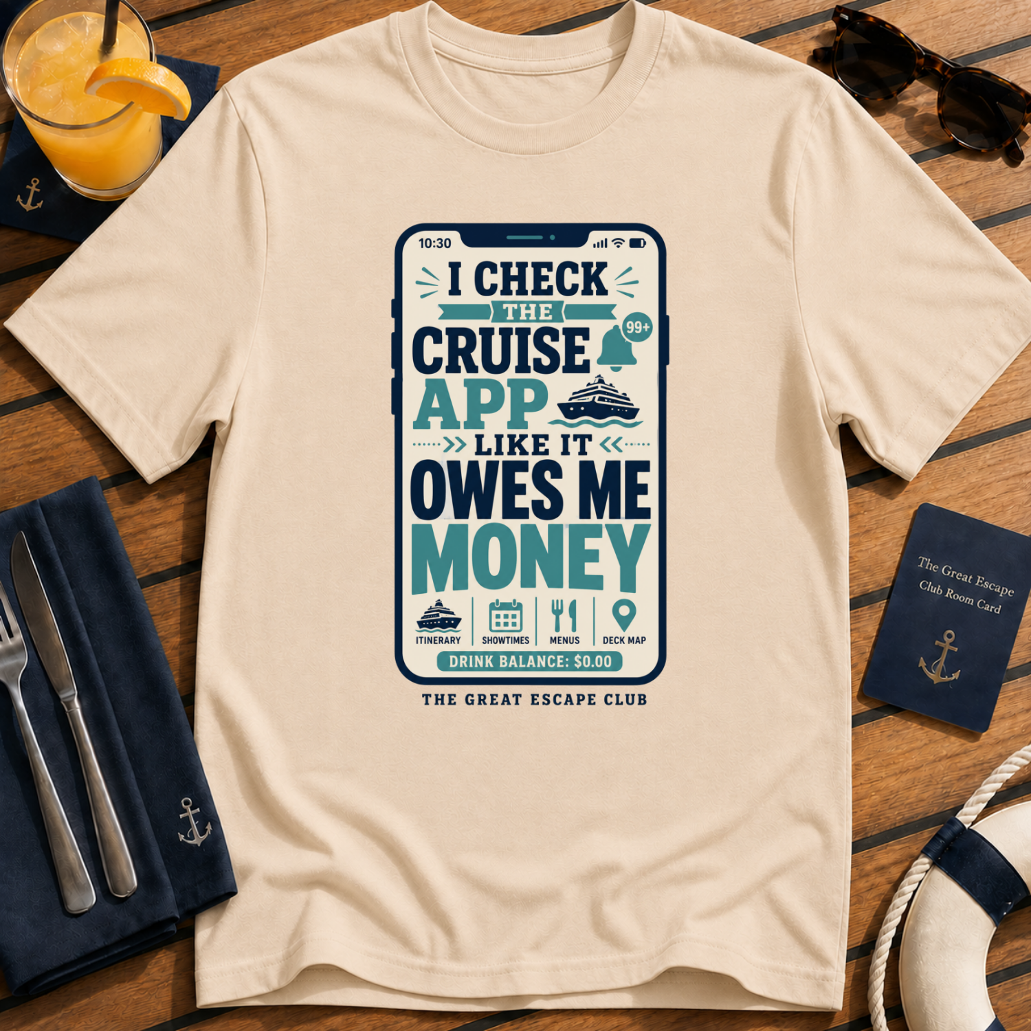 I Check the Cruise App funny cruise t-shirt design on Natural shirt