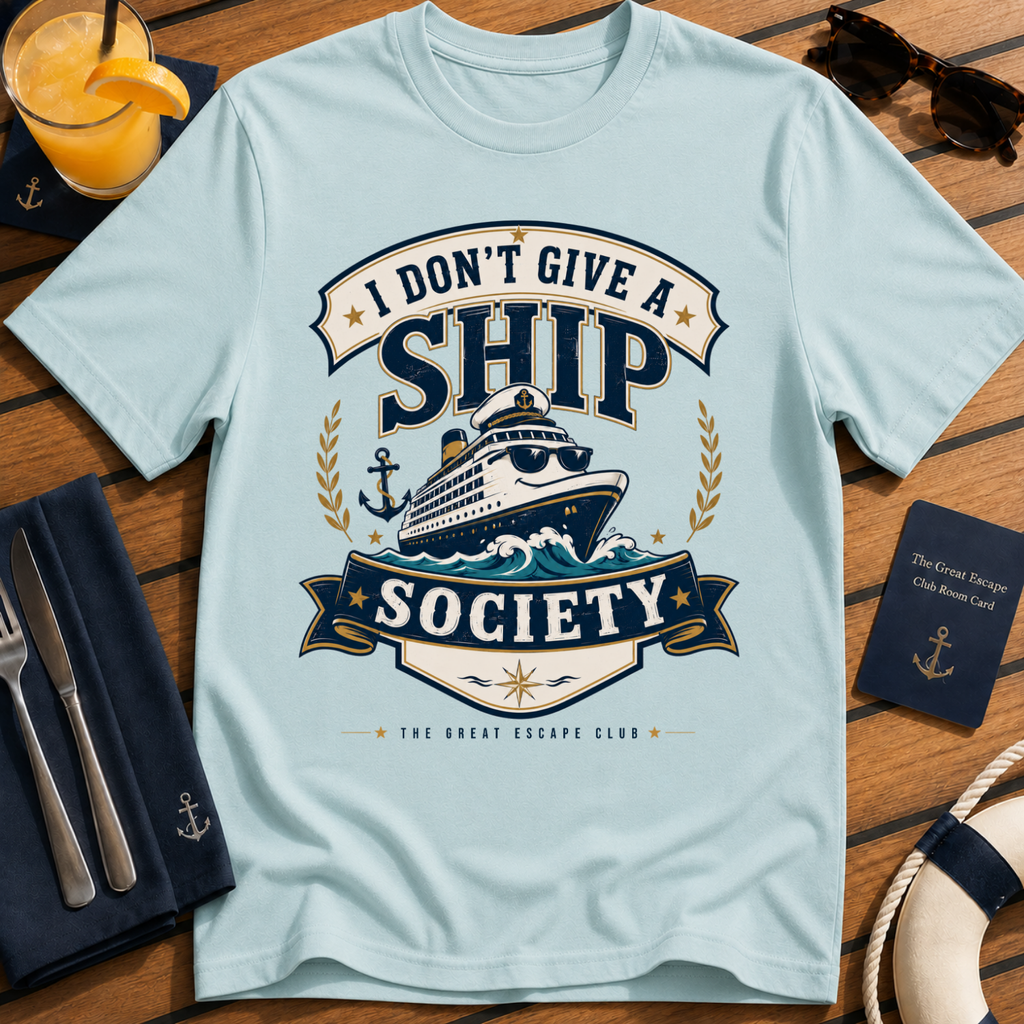 I Don’t Give a Ship Society funny cruise t-shirt design on Light Blue shirt