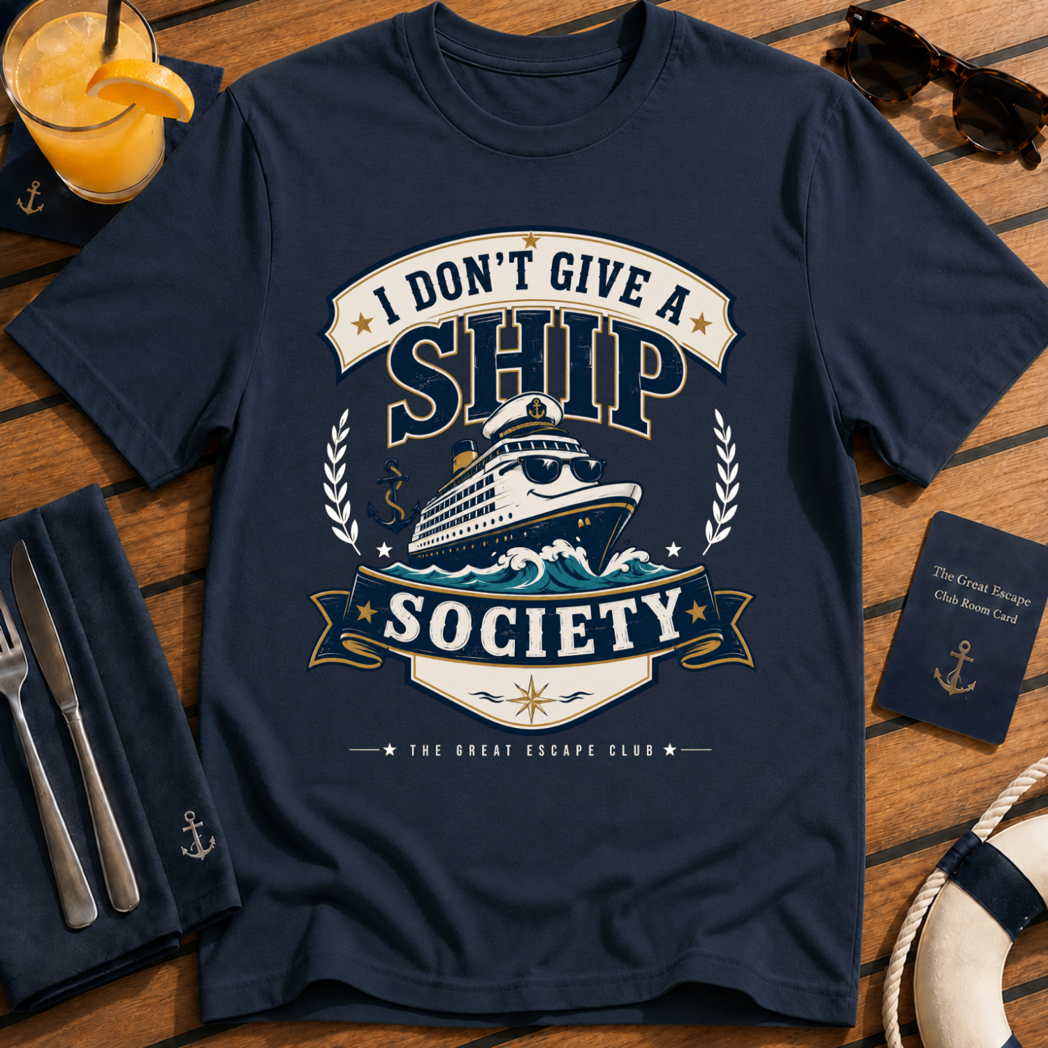 I Don’t Give a Ship Society funny cruise t-shirt design on Navy shirt