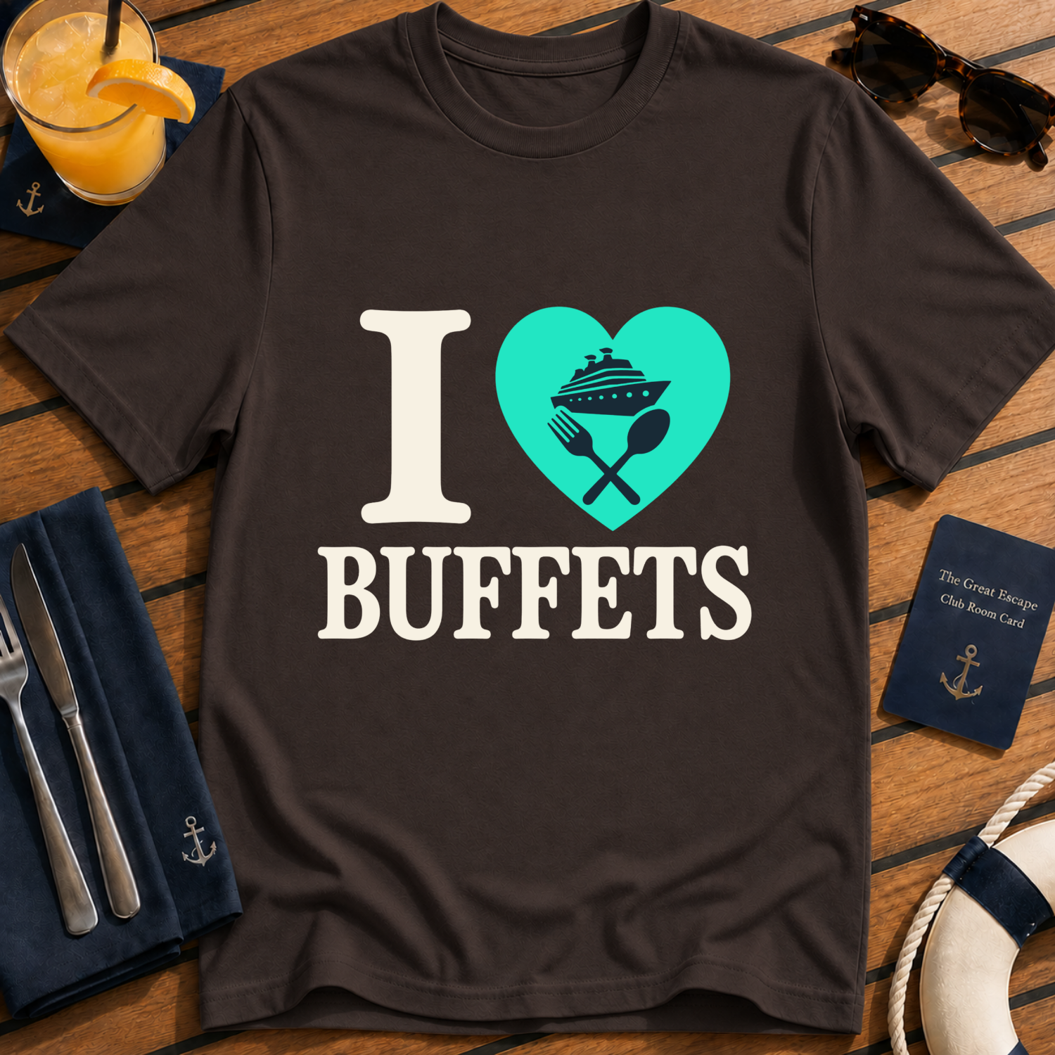 I Love Buffets funny cruise buffet t-shirt design on Dark Chocolate shirt
