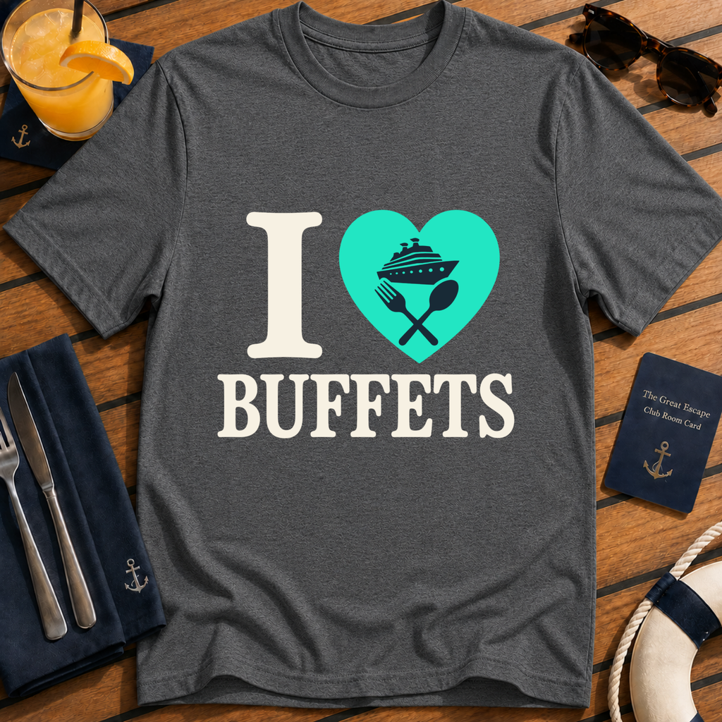 I Love Buffets funny cruise buffet t-shirt design on Dark Heather shirt