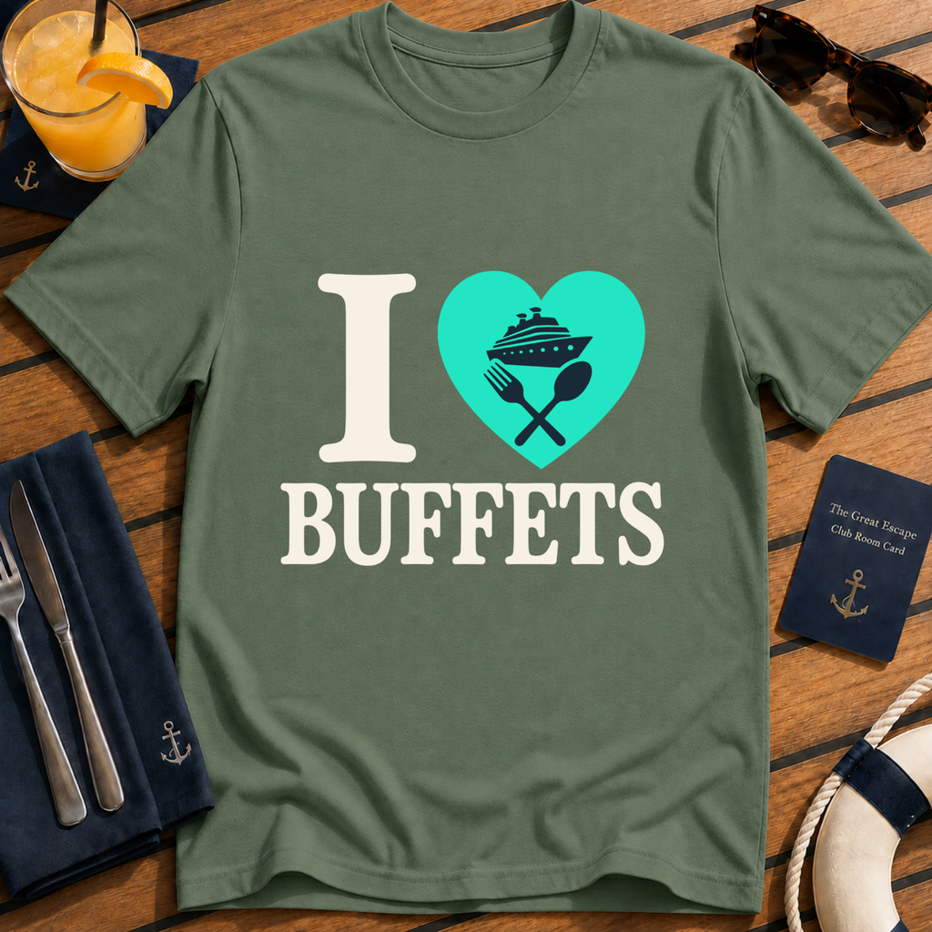 I Love Buffets funny cruise buffet t-shirt design on Military Green shirt