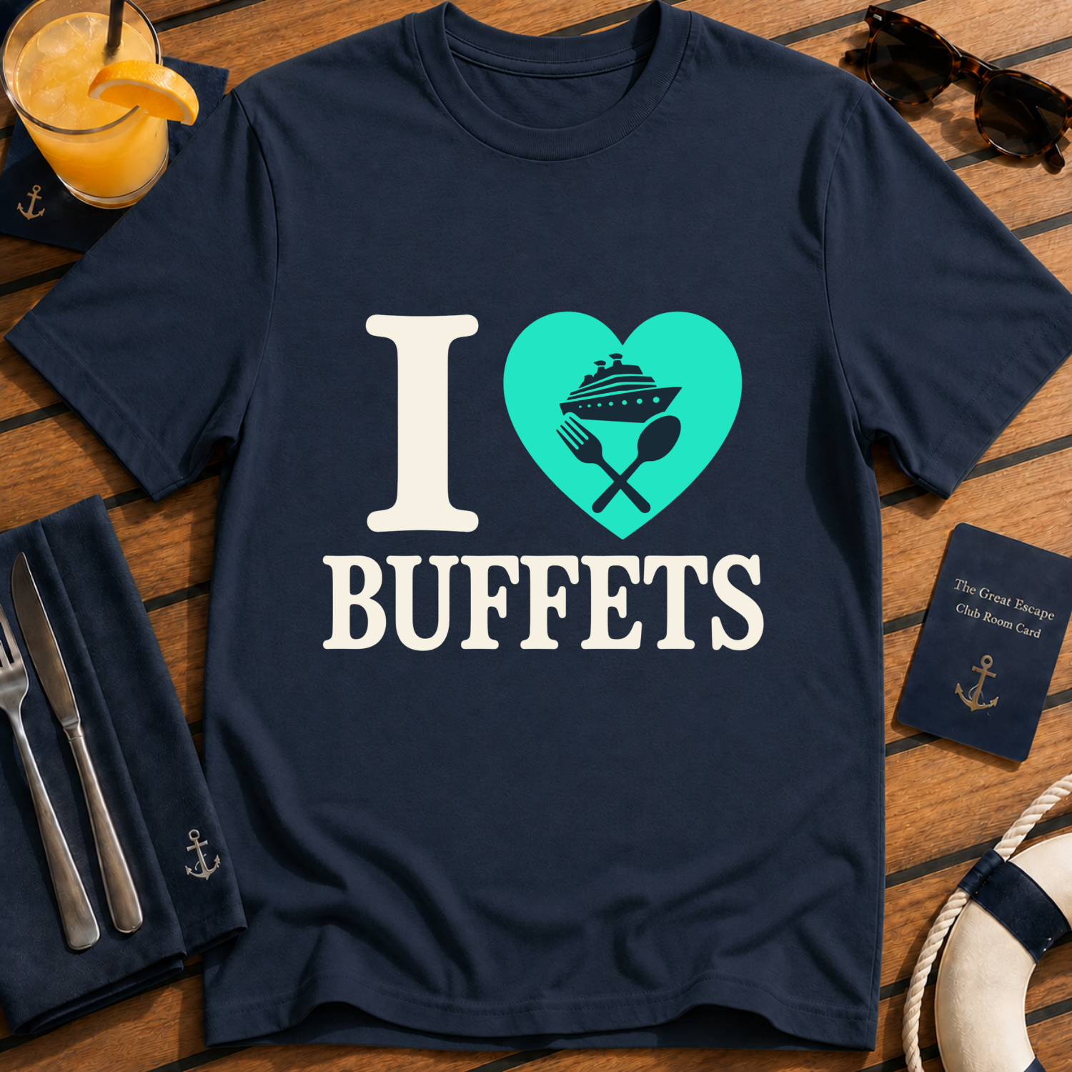 I Love Buffets funny cruise buffet t-shirt design on Navy shirt