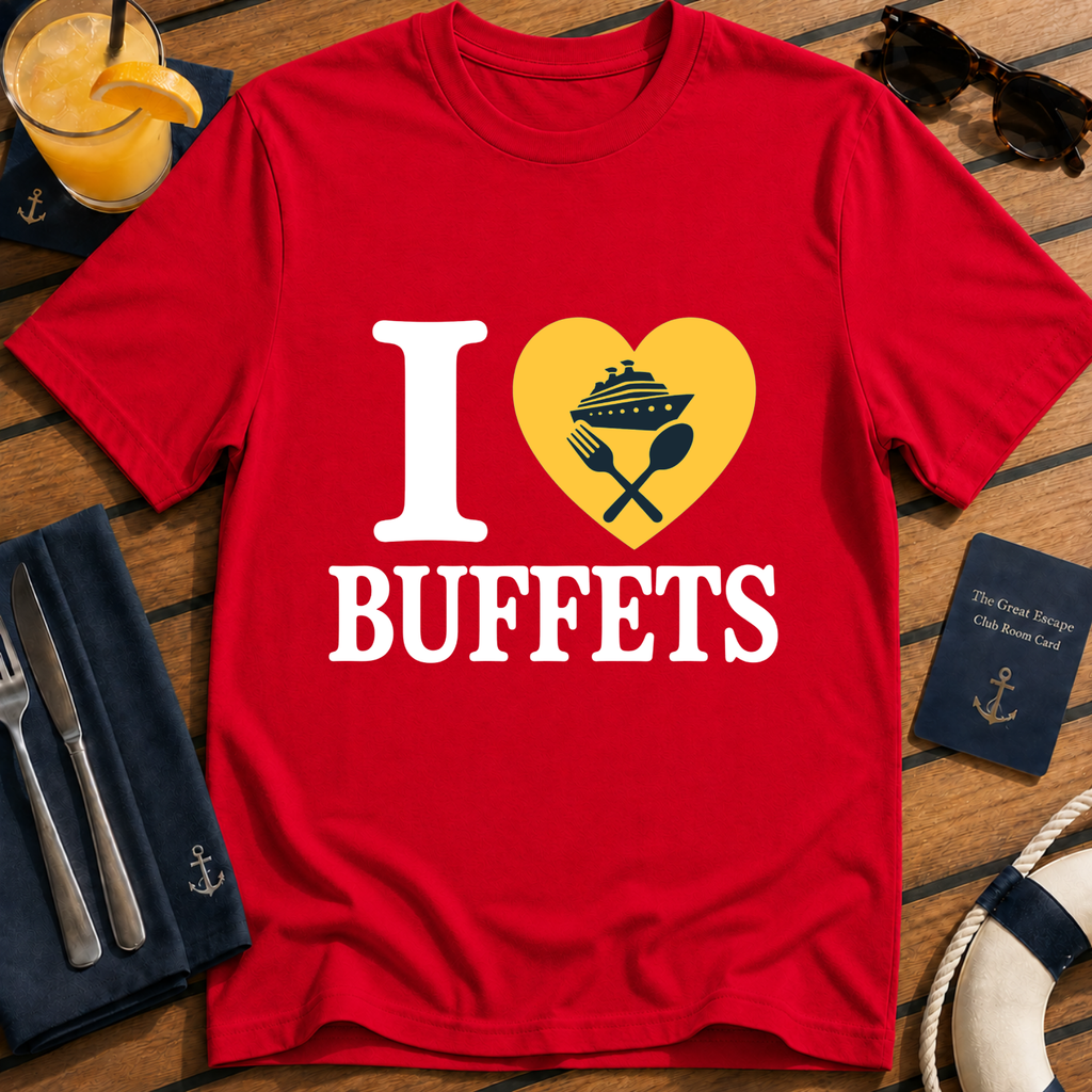 I Love Buffets funny cruise buffet t-shirt design on Red shirt