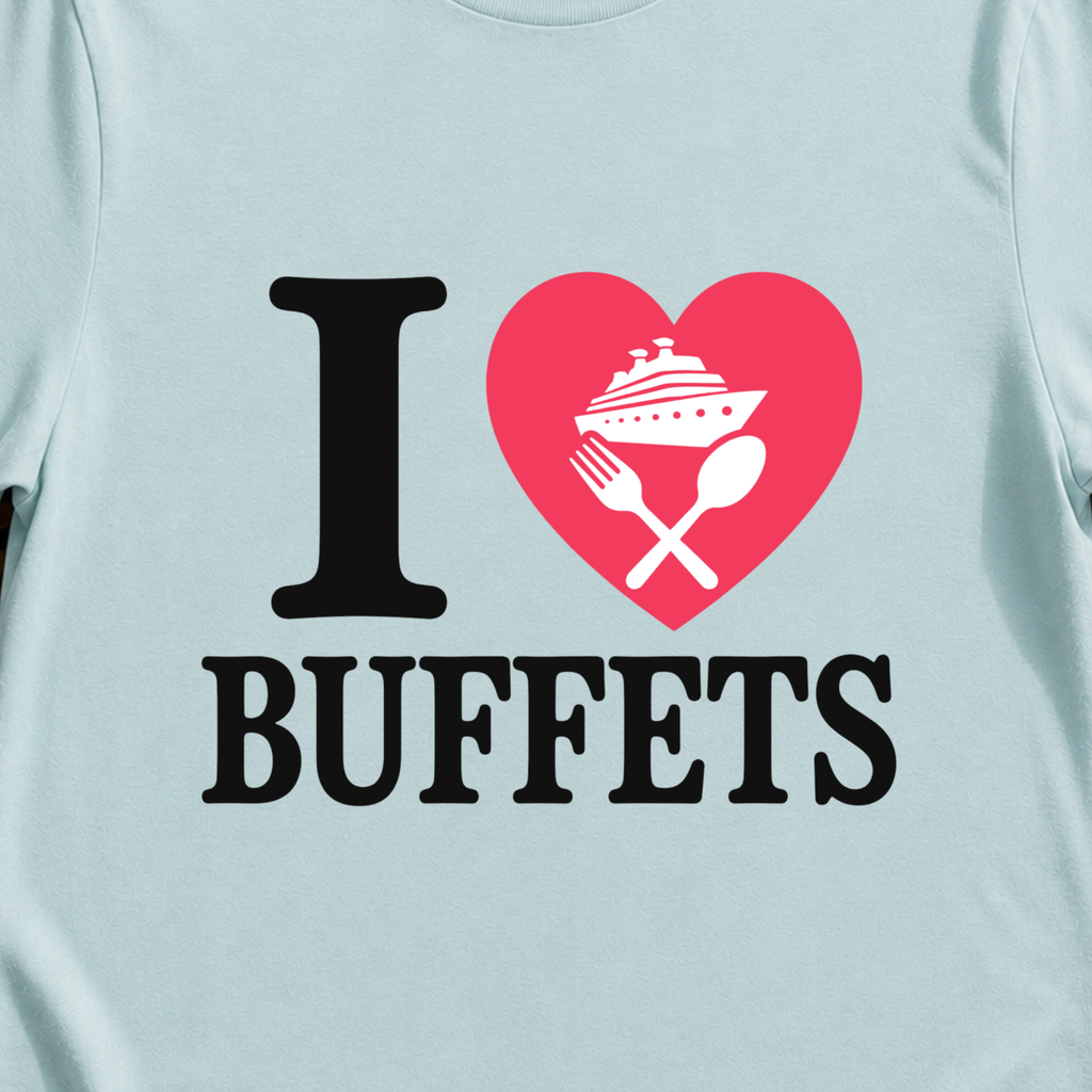 I Love Buffets funny cruise buffet t-shirt design on Light Blue shirt