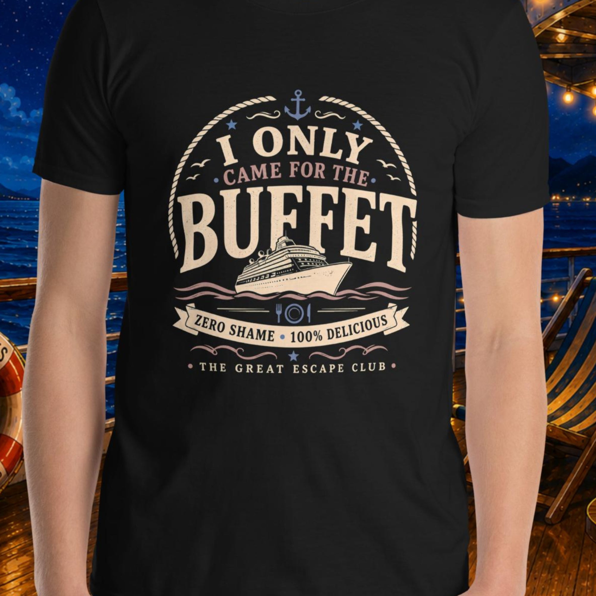 I Only Came for the Buffet black unisex T-shirt with vintage cruise ship, nautical rope, anchor and buffet badge design