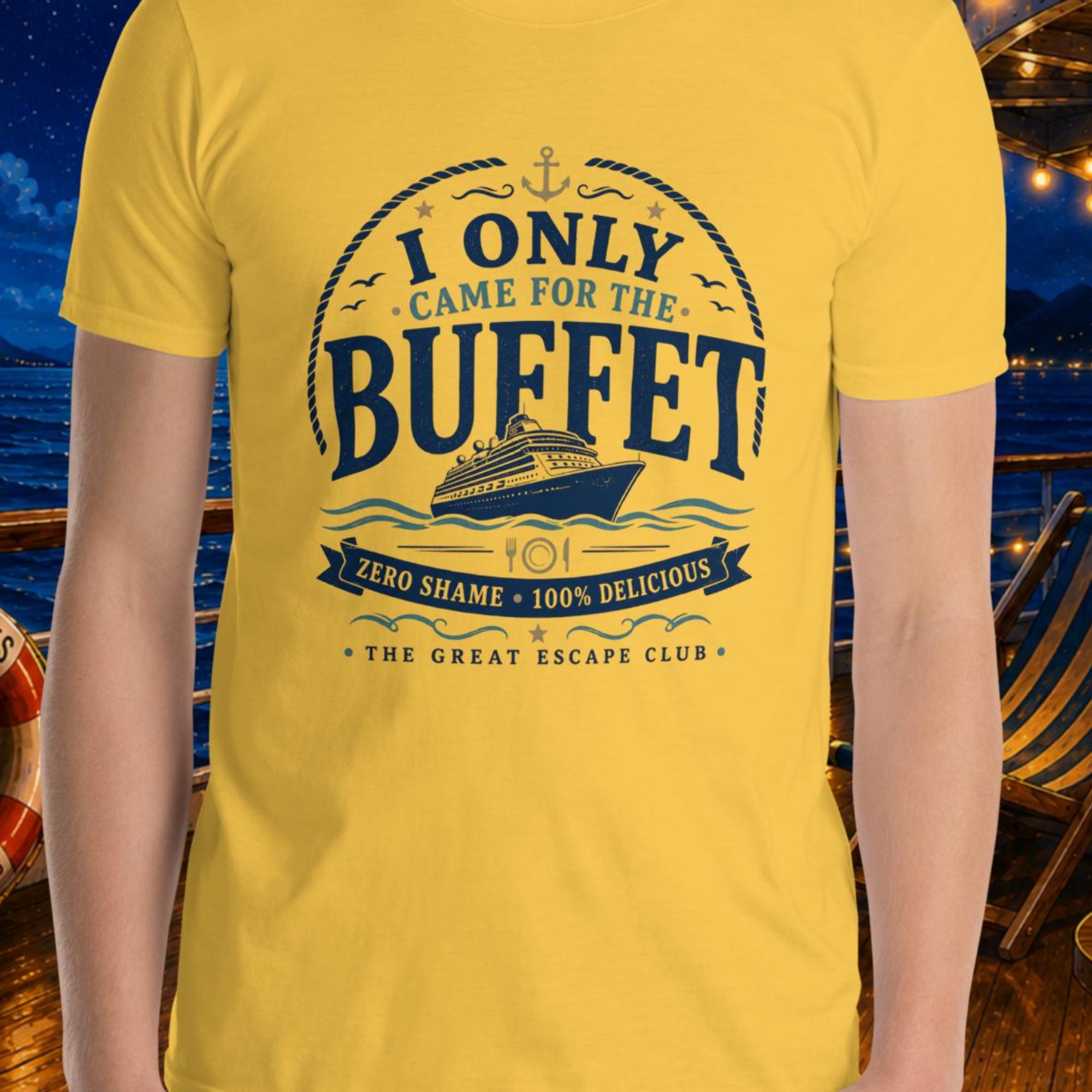 I Only Came for the Buffet unisex daisy yellow T-shirt with vintage cruise ship, nautical rope, anchor and buffet badge design