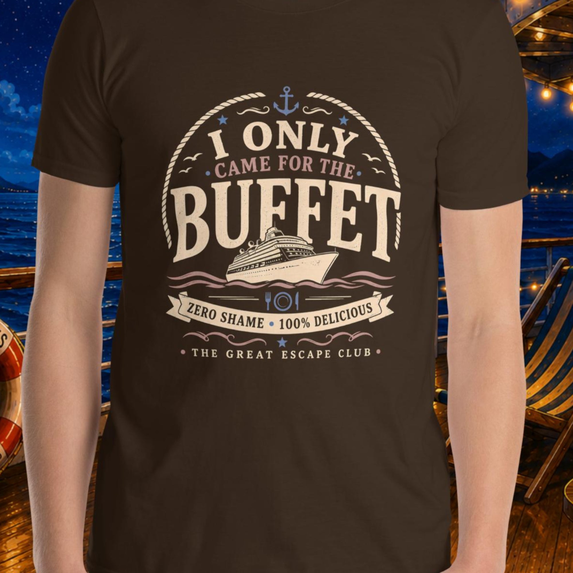 I Only Came for the Buffet dark chocoloate brown unisex T-shirt with vintage cruise ship, nautical rope, anchor and buffet badge design
