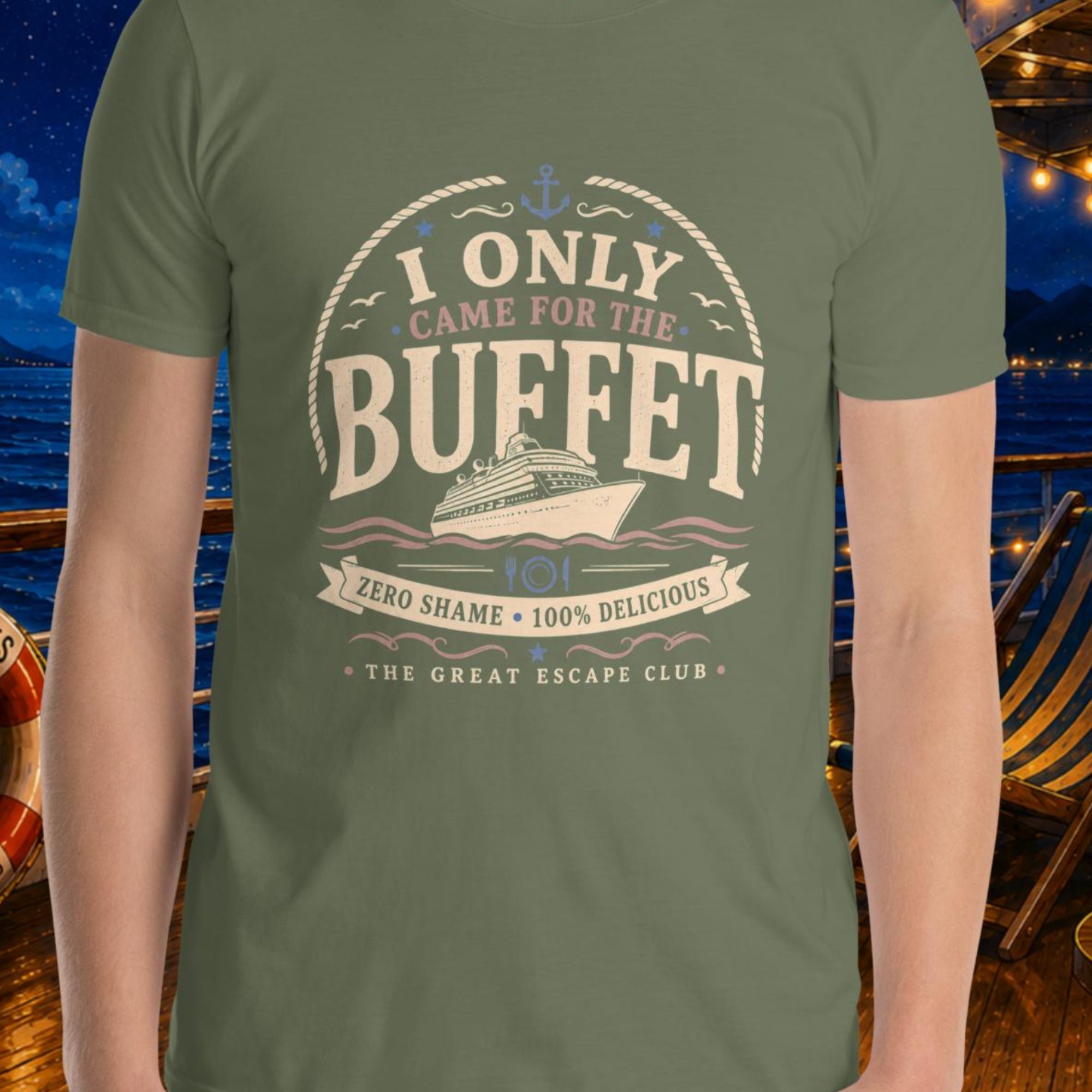 I Only Came for the Buffet unisex T-shirt with vintage cruise ship, nautical rope, anchor and buffet badge design