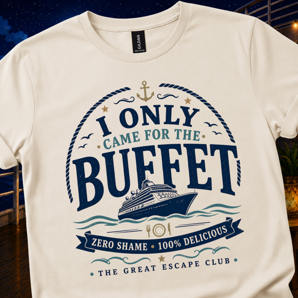 I Only Came for the Buffet unisex T-shirt with vintage cruise ship, nautical rope, anchor and buffet badge design