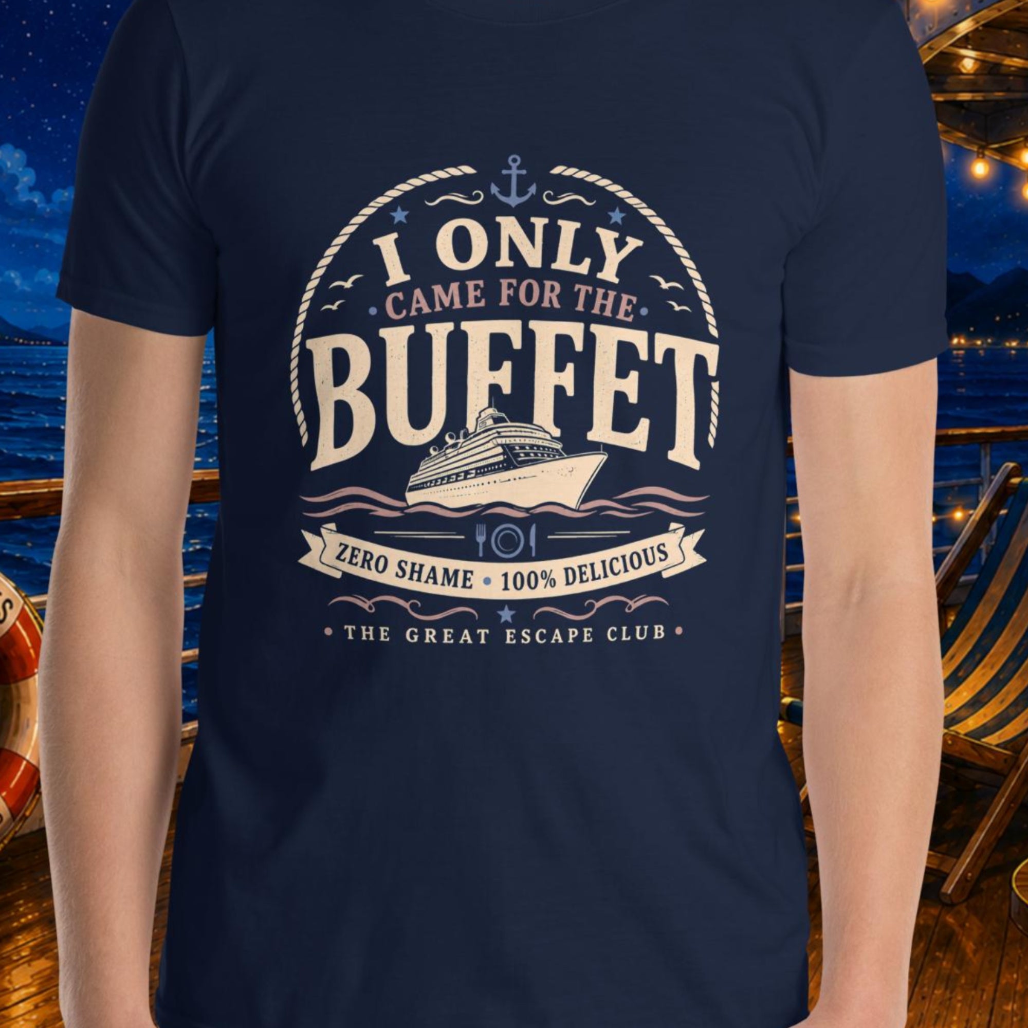 I Only Came for the Buffet navy unisex T-shirt with vintage cruise ship, nautical rope, anchor and buffet badge design