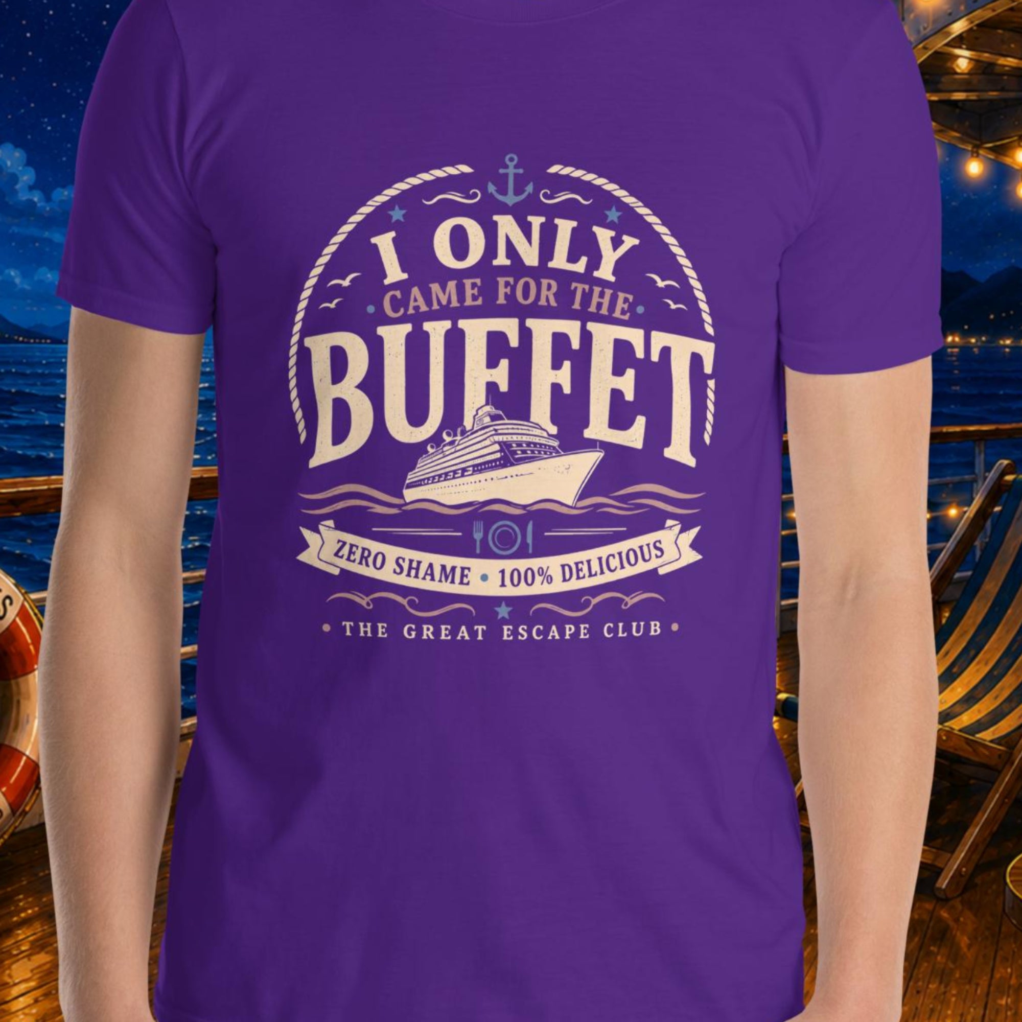 I Only Came for the Buffet purple unisex T-shirt with vintage cruise ship, nautical rope, anchor and buffet badge design