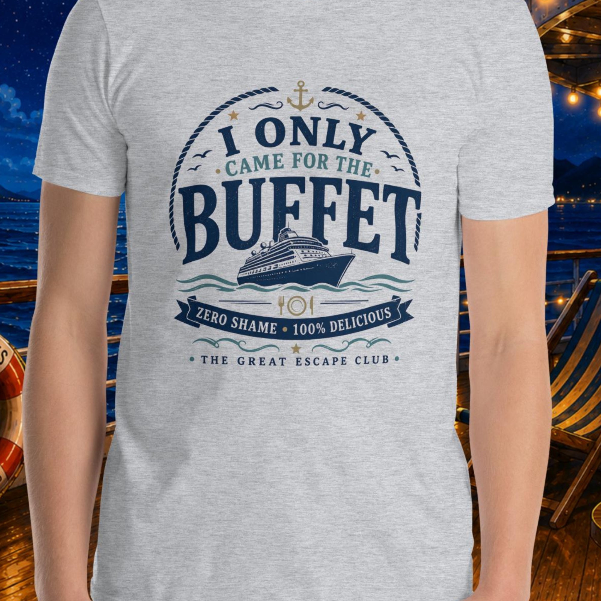 I Only Came for the Buffet unisex sport grey T-shirt with vintage cruise ship, nautical rope, anchor and buffet badge design