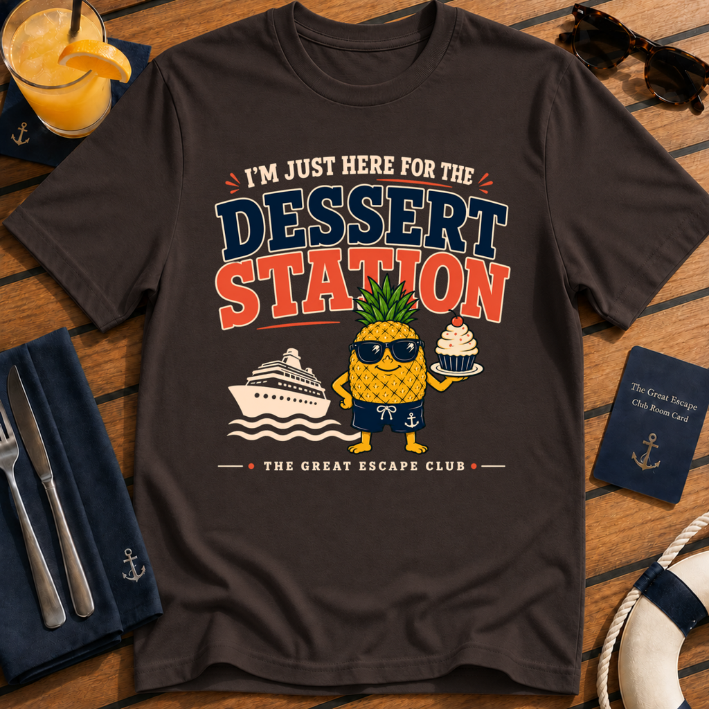 I’m Just Here for the Dessert Station funny cruise dessert t-shirt design on Dark Chocolate shirt