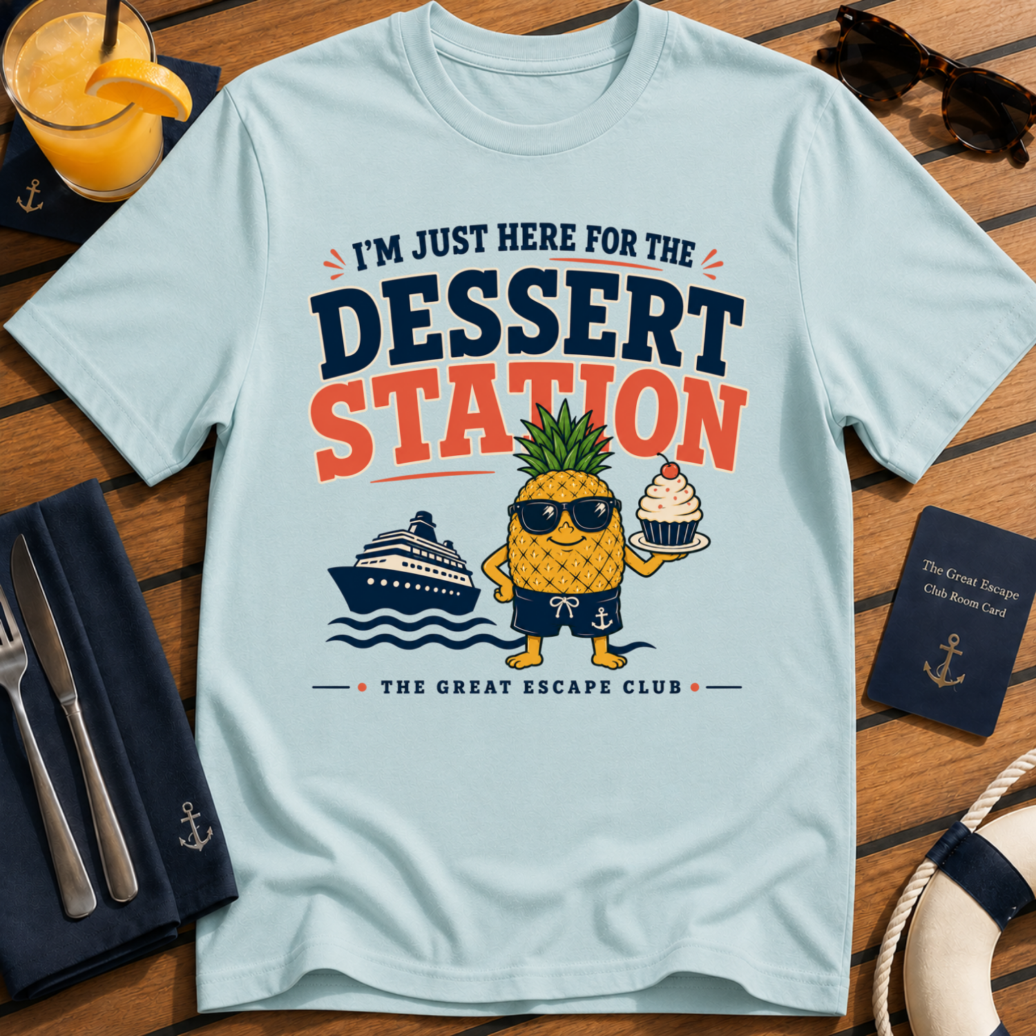 I’m Just Here for the Dessert Station funny cruise dessert t-shirt design on Light Blue shirt
