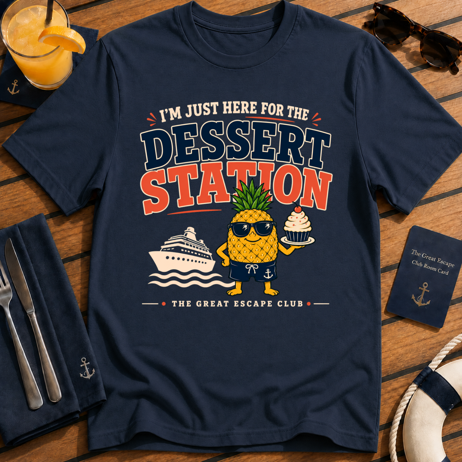 I’m Just Here for the Dessert Station funny cruise dessert t-shirt design on Navy shirt