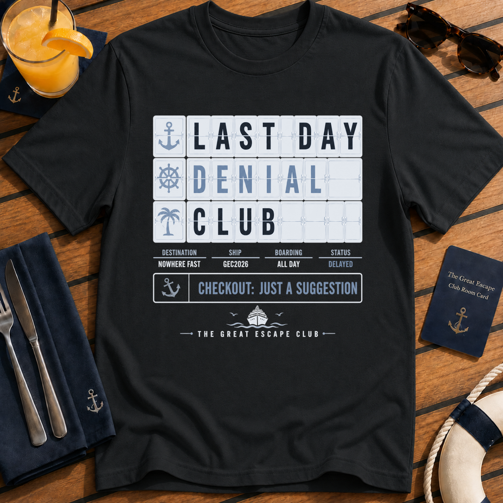 Last Day Denial Club funny cruise checkout t-shirt design on Black shirt