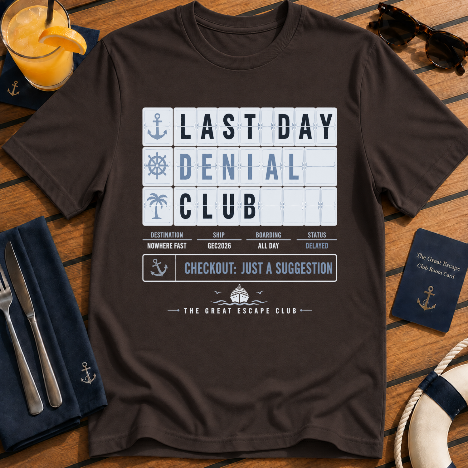 Last Day Denial Club funny cruise checkout t-shirt design on Dark Chocolate shirt