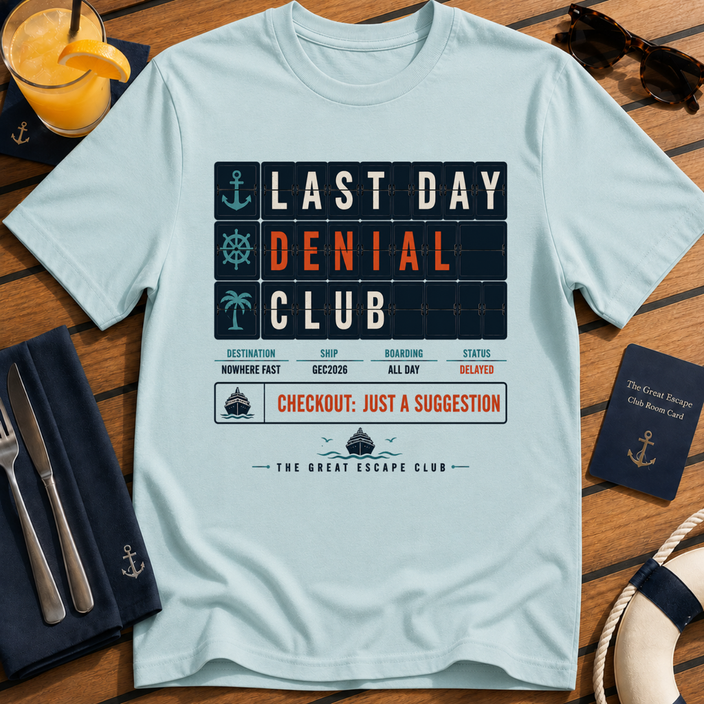 Last Day Denial Club funny cruise checkout t-shirt design on Light Blue shirt