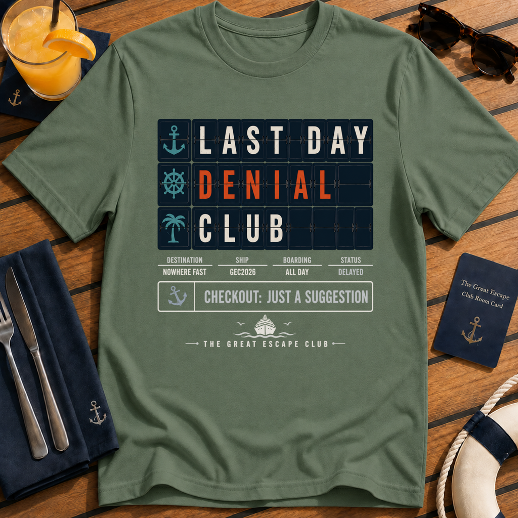 Last Day Denial Club funny cruise checkout t-shirt design on Military Green shirt