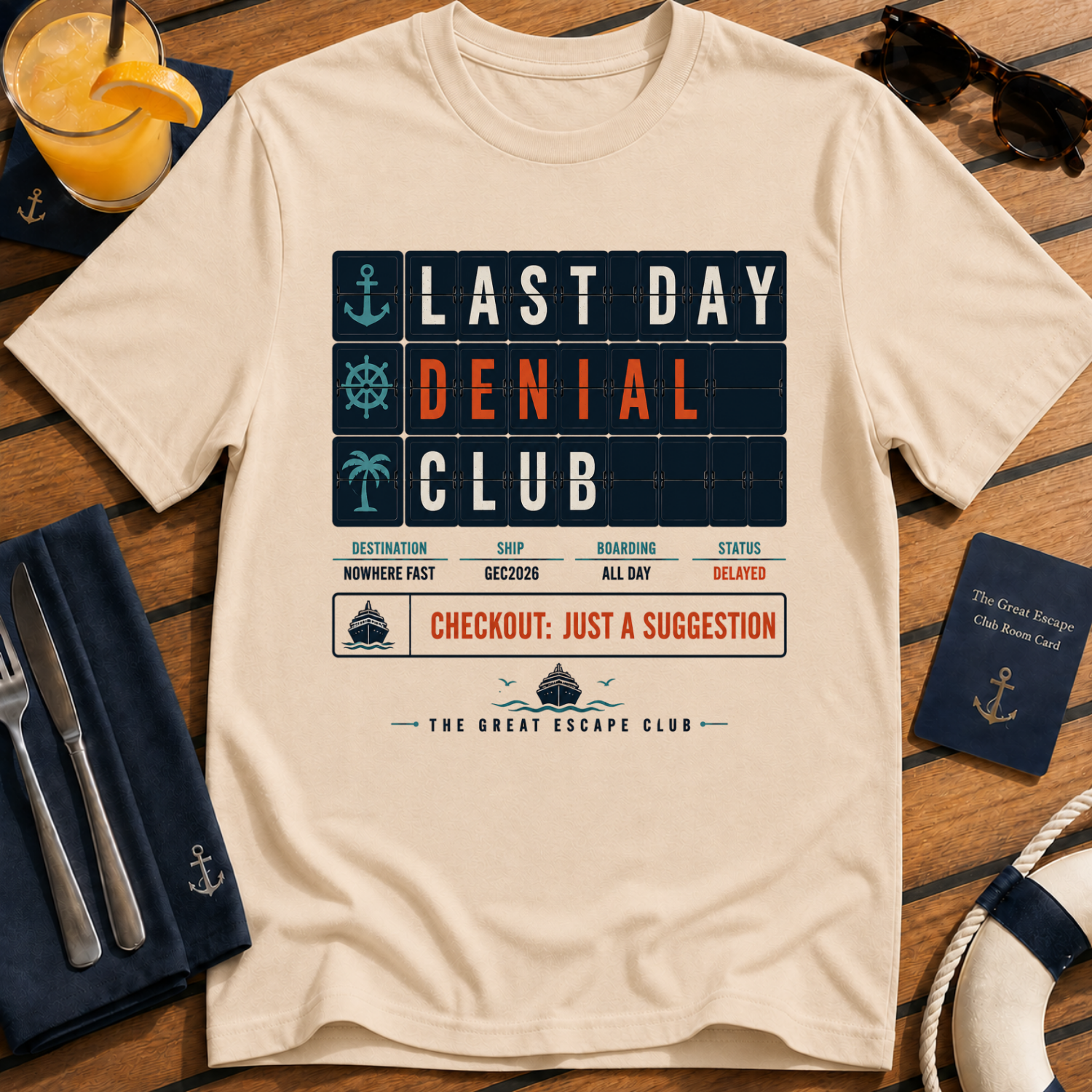 Last Day Denial Club funny cruise checkout t-shirt design on Natural shirt