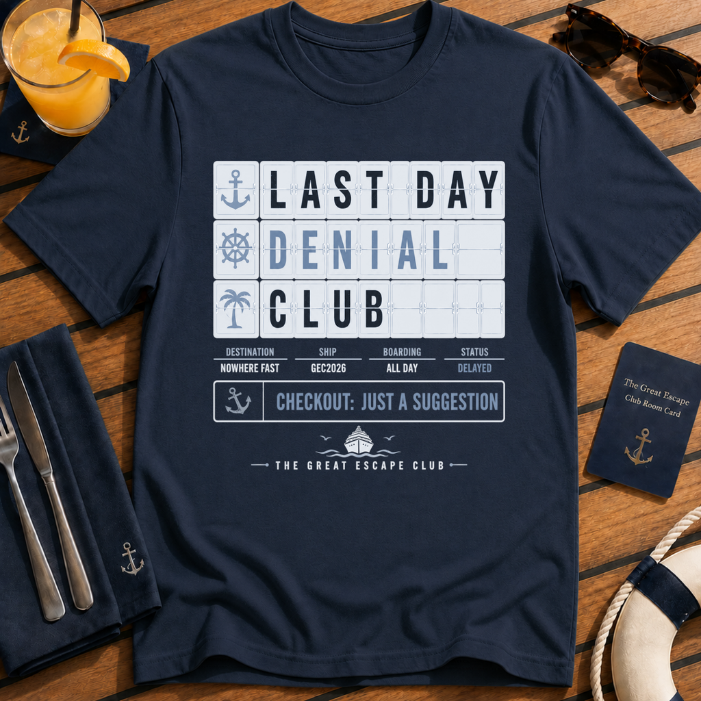 Last Day Denial Club funny cruise checkout t-shirt design on Navy shirt