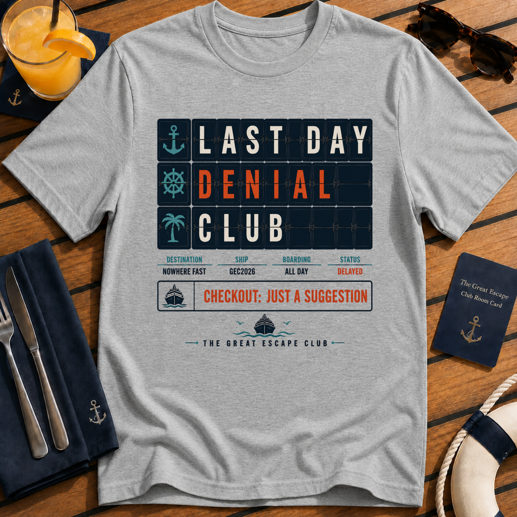 Last Day Denial Club funny cruise checkout t-shirt design on Sport Grey shirt