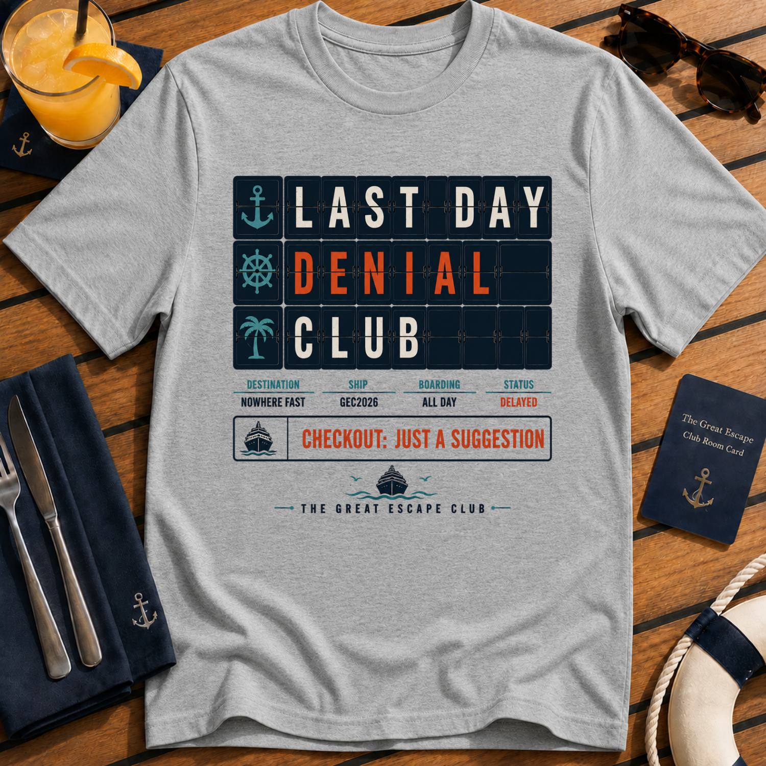 Last Day Denial Club funny cruise checkout t-shirt design on Sport Grey shirt