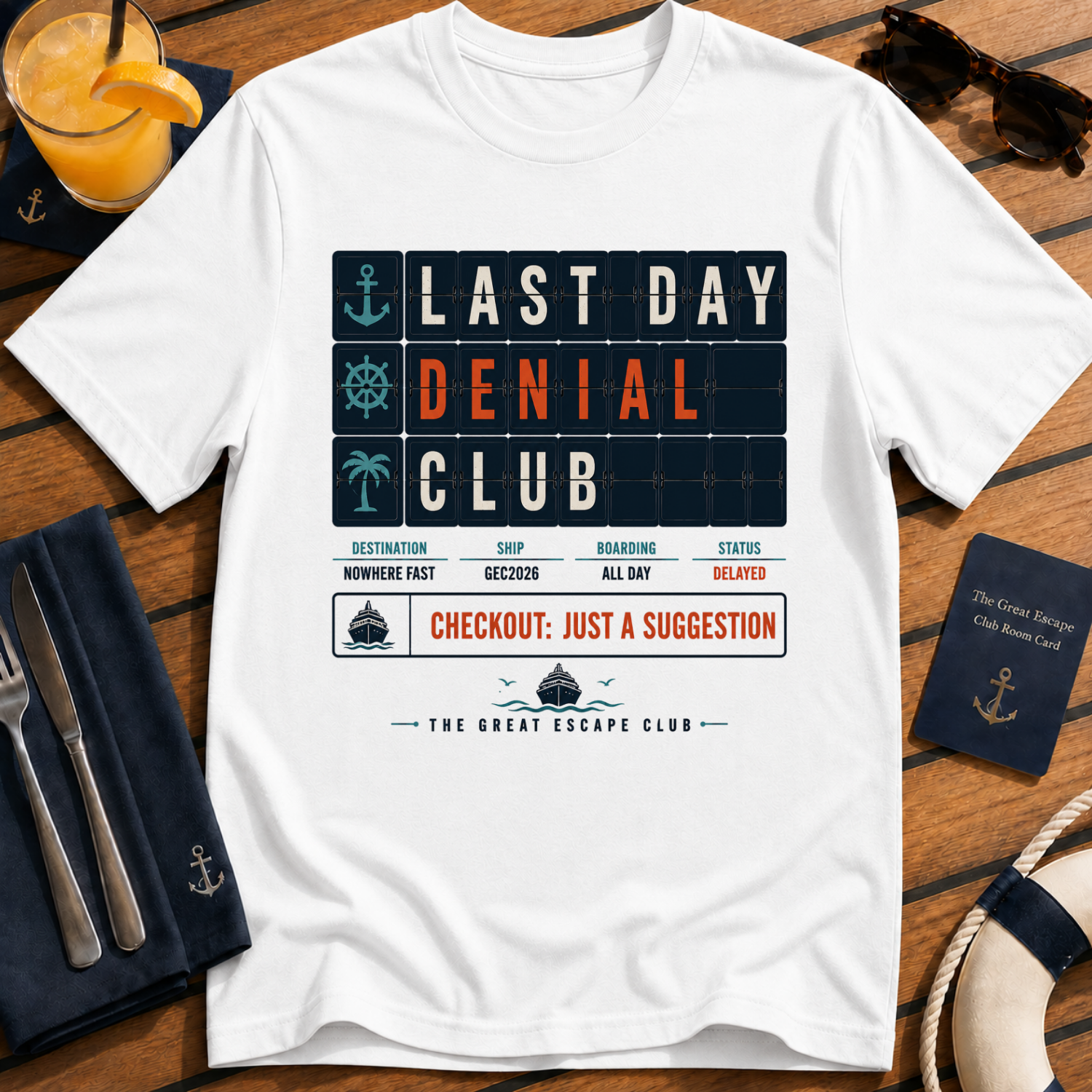 Last Day Denial Club funny cruise checkout t-shirt design on White shirt
