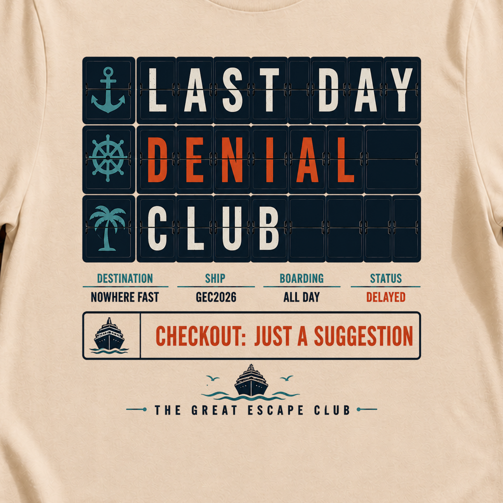 Last Day Denial Club funny cruise checkout t-shirt design on Natural shirt