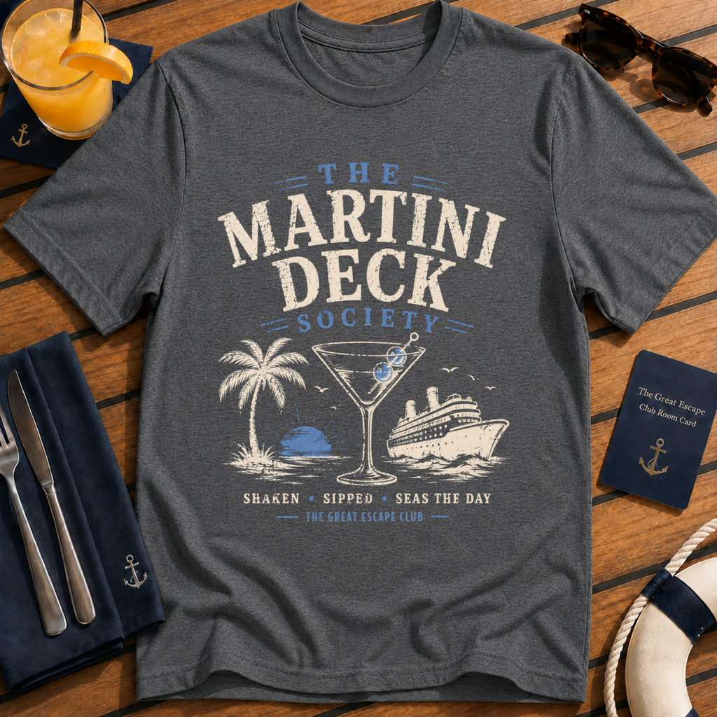 Martini Deck Society cruise cocktail t-shirt design on Dark Heather shirt
