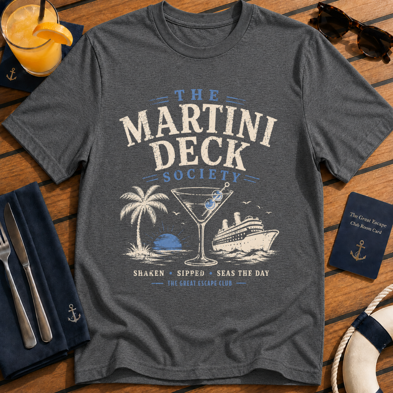 Martini Deck Society cruise cocktail t-shirt design on Dark Heather shirt