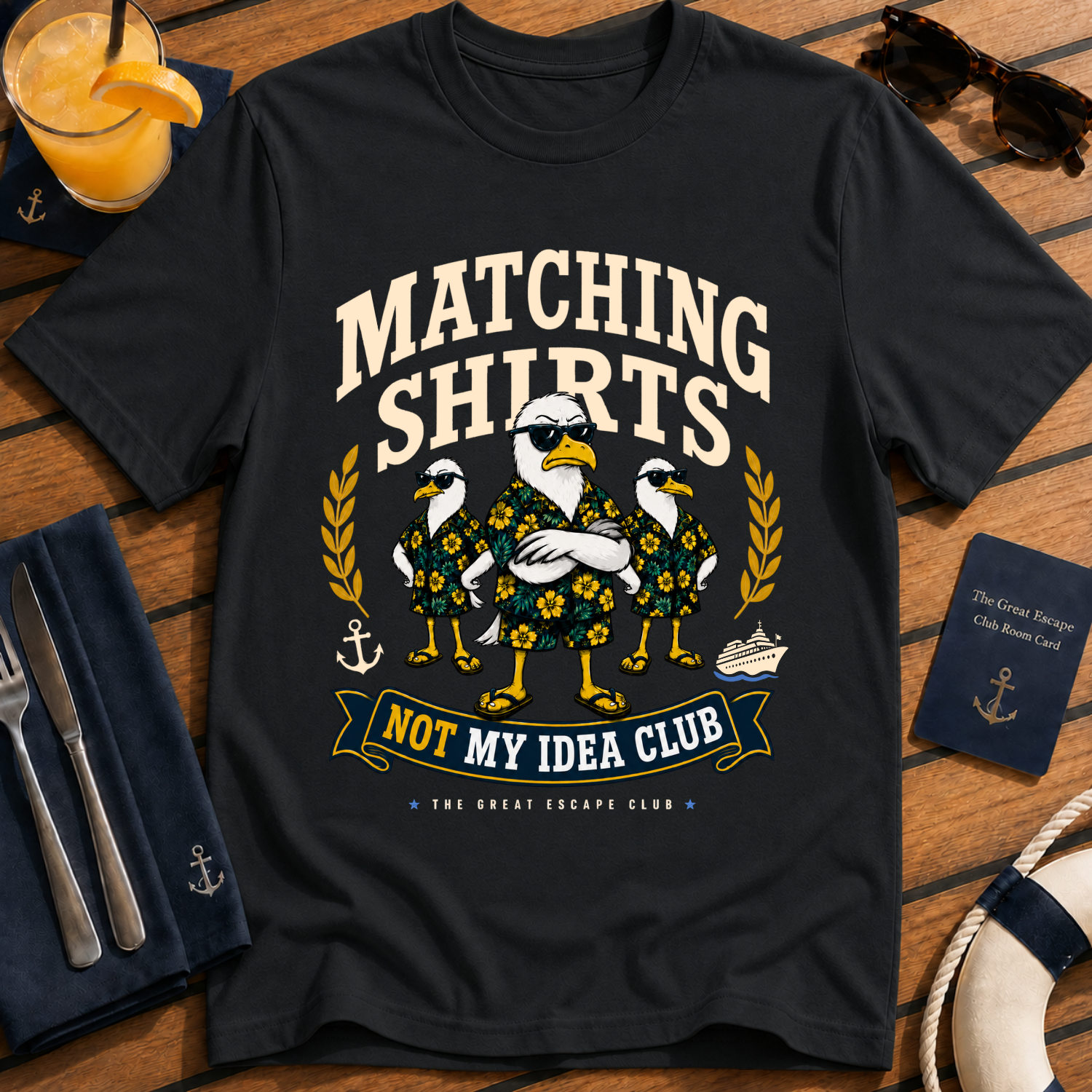 Matching Shirts Was Not My Idea Club funny cruise t-shirt design on Black shirt | The Great Escape Club.