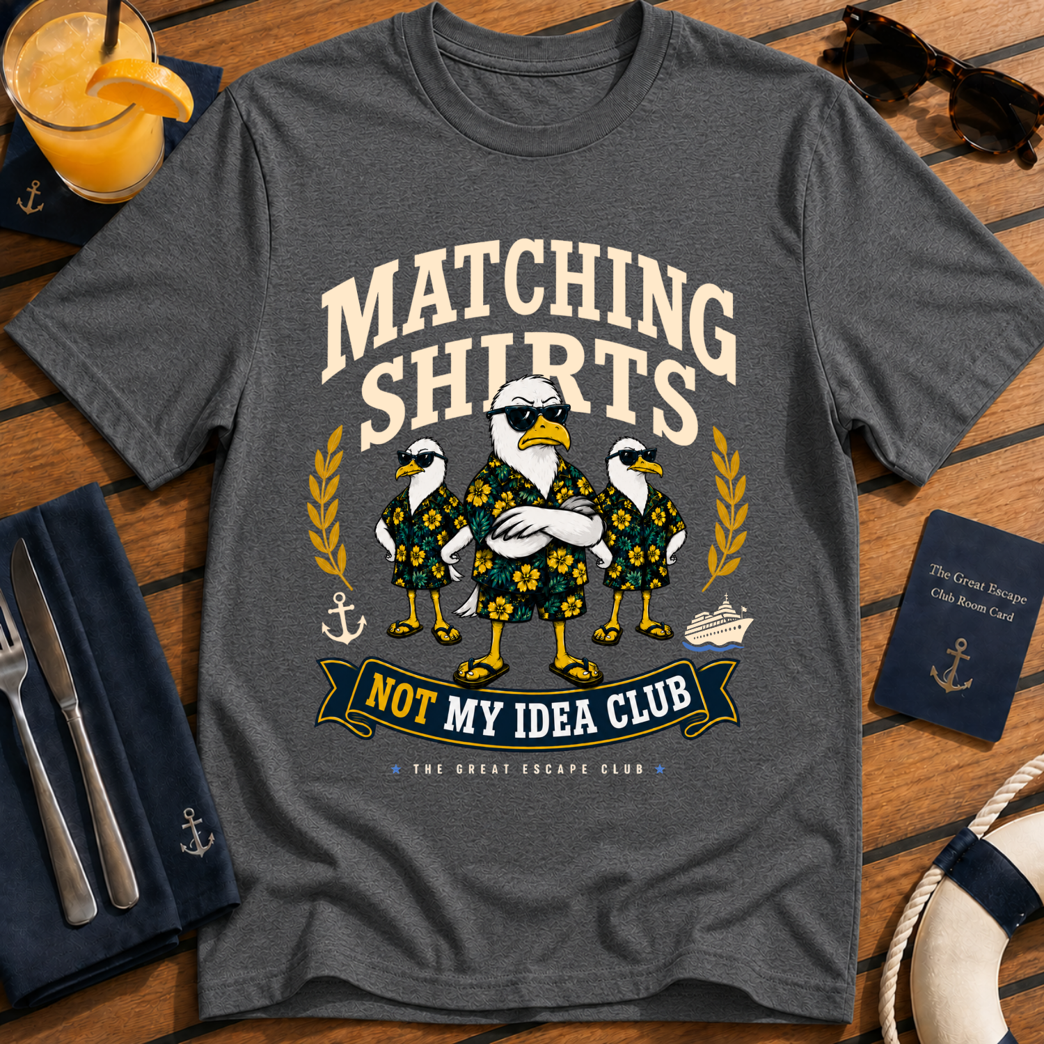 Matching Shirts Was Not My Idea Club funny cruise t-shirt design on Dark Heather shirt | The Great Escape Club.