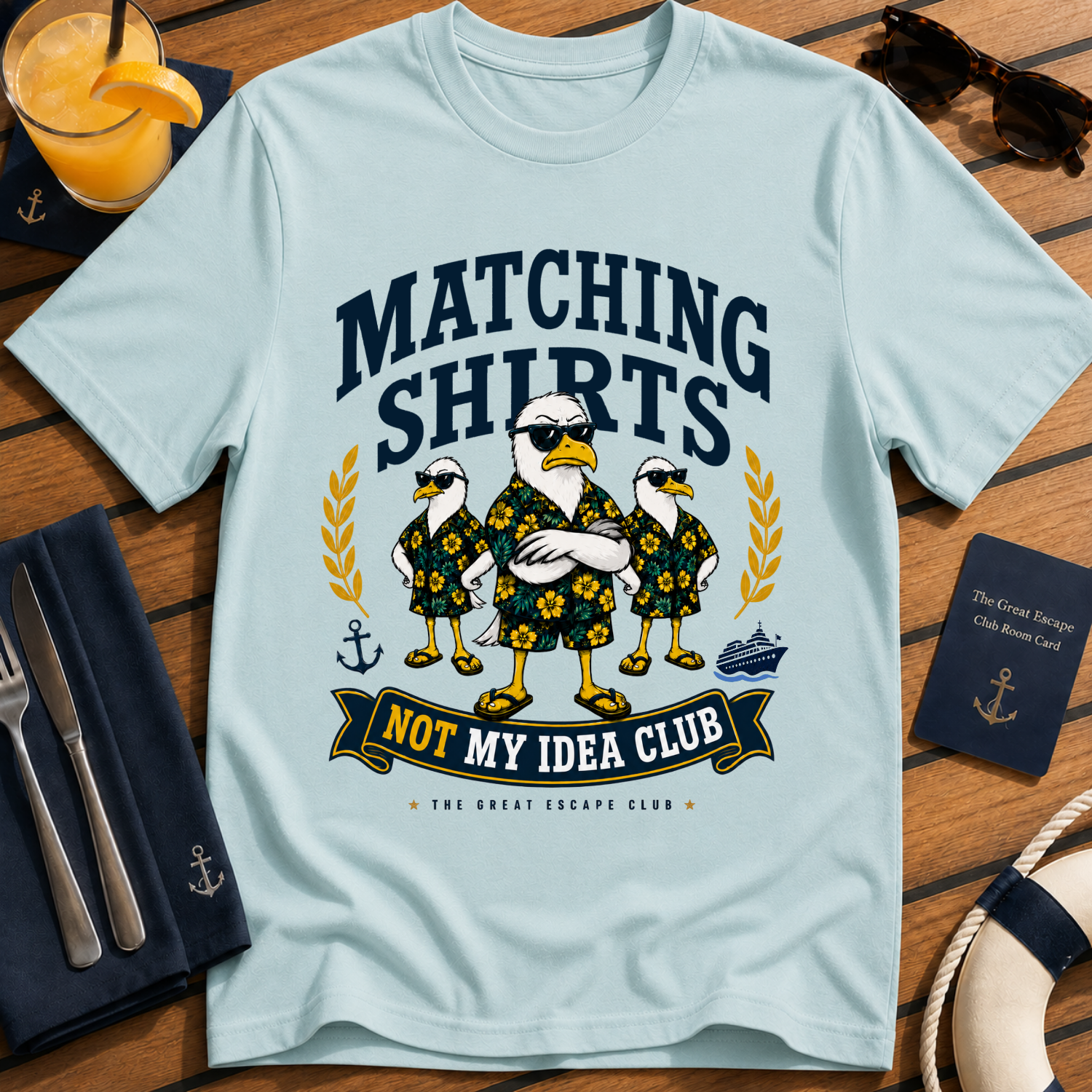 Matching Shirts Was Not My Idea Club funny cruise t-shirt design on Light Blue shirt | The Great Escape Club.