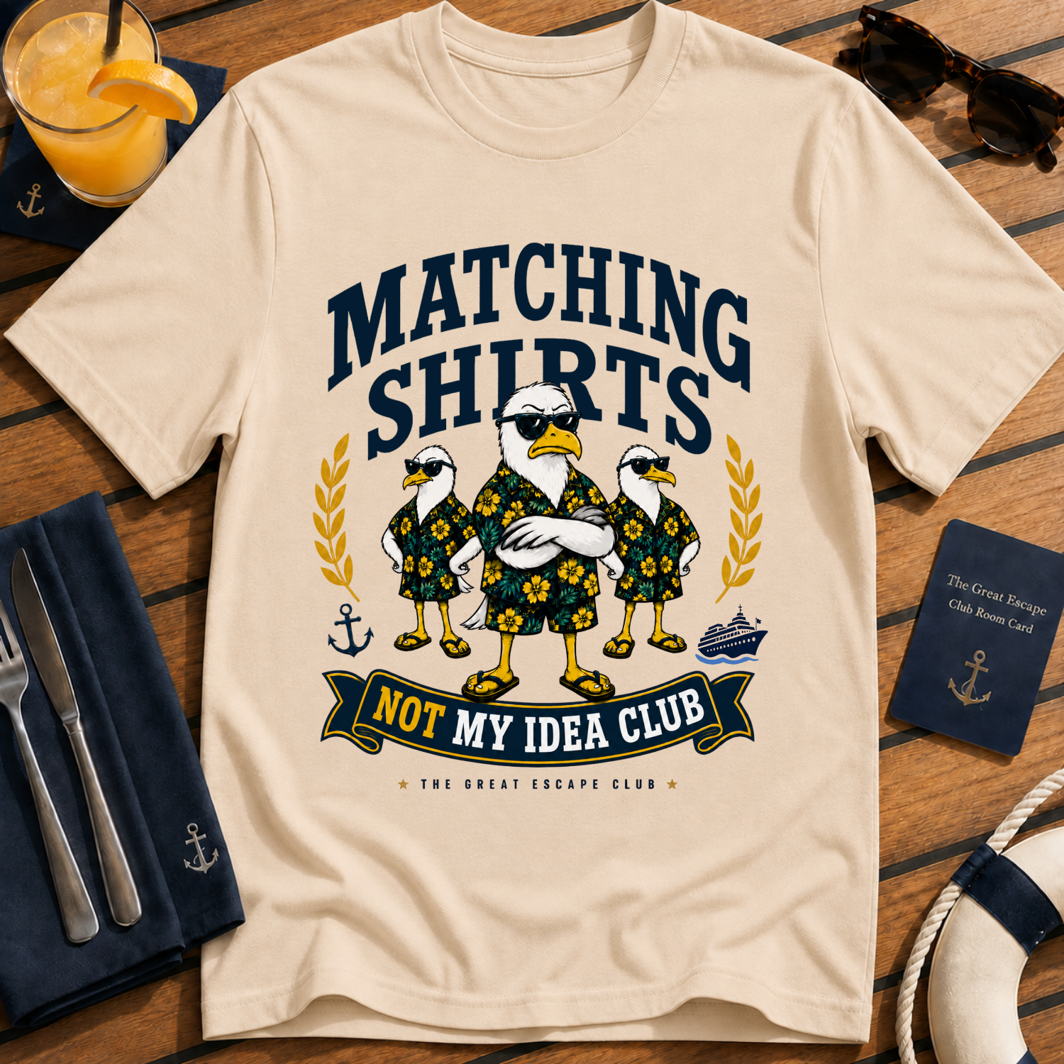 Matching Shirts Was Not My Idea Club funny cruise t-shirt design on Natural shirt | The Great Escape Club.