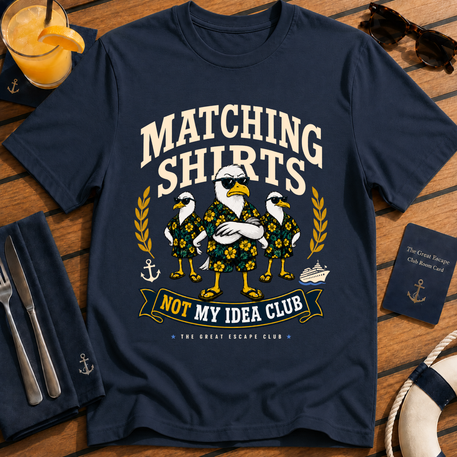 Matching Shirts Was Not My Idea Club funny cruise t-shirt design on Navy shirt | The Great Escape Club.