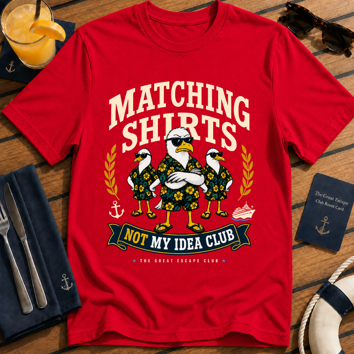 Matching Shirts Was Not My Idea Club funny cruise t-shirt design on Red shirt | The Great Escape Club.