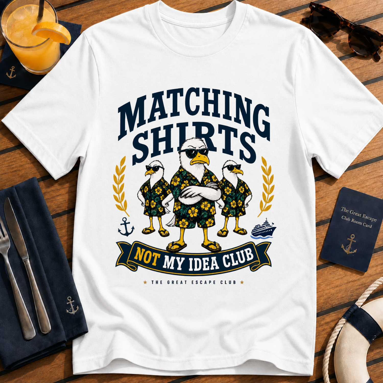Matching Shirts Was Not My Idea Club funny cruise t-shirt design on White shirt | The Great Escape Club.