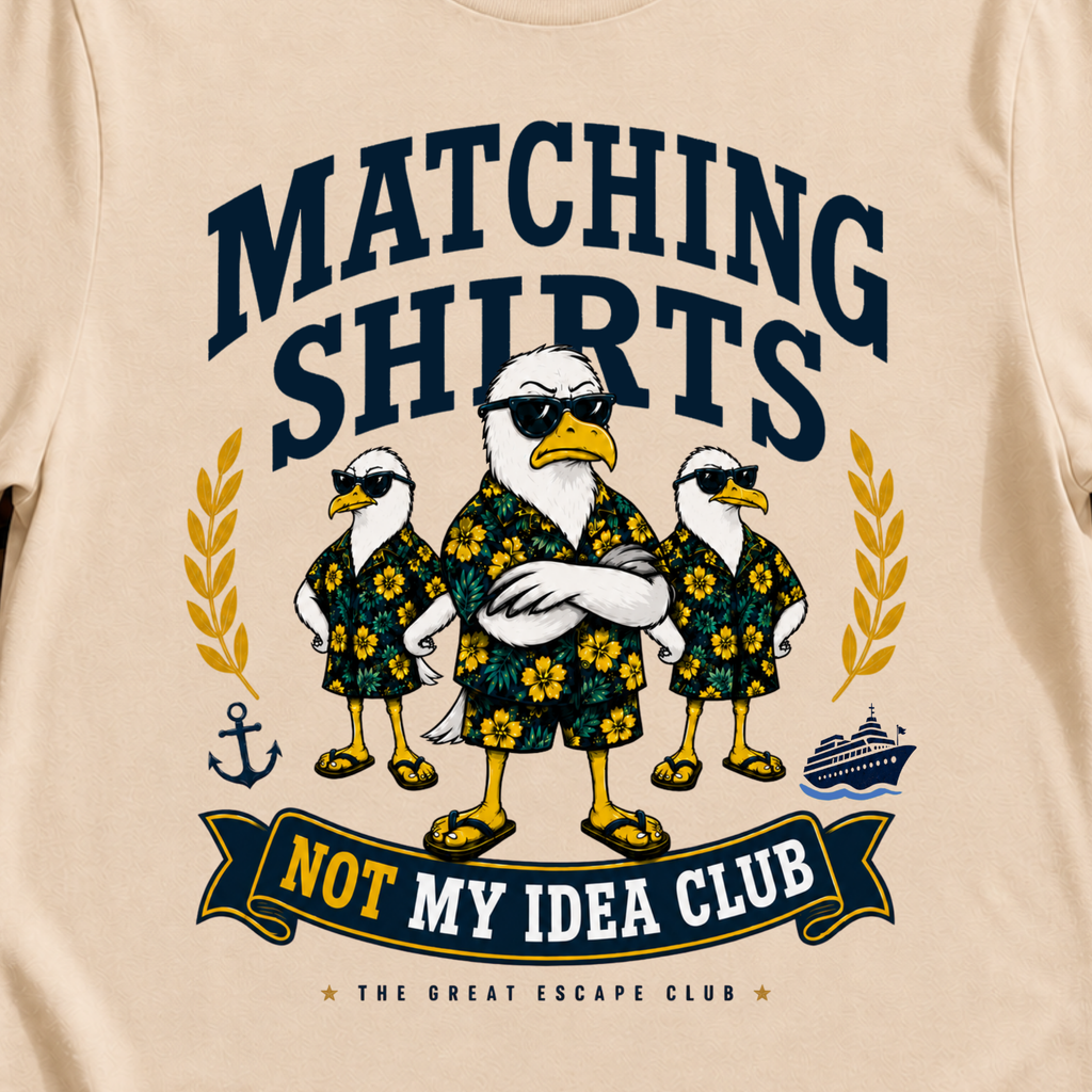 Matching Shirts Was Not My Idea Club funny cruise t-shirt design on Black shirt | The Great Escape Club.