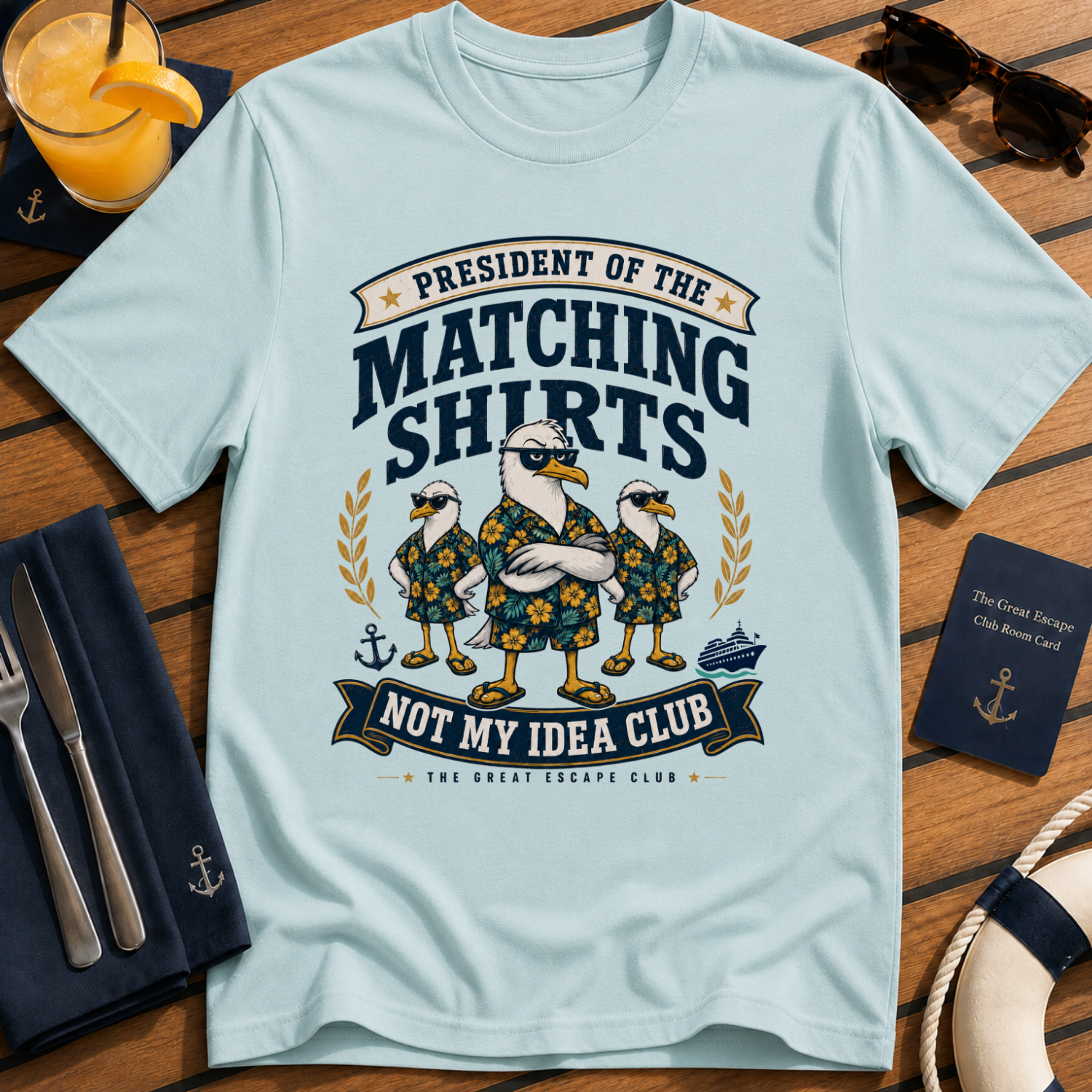 Matching Shirts Were Not My Idea Club matching cruise shirt design on Light Blue shirt