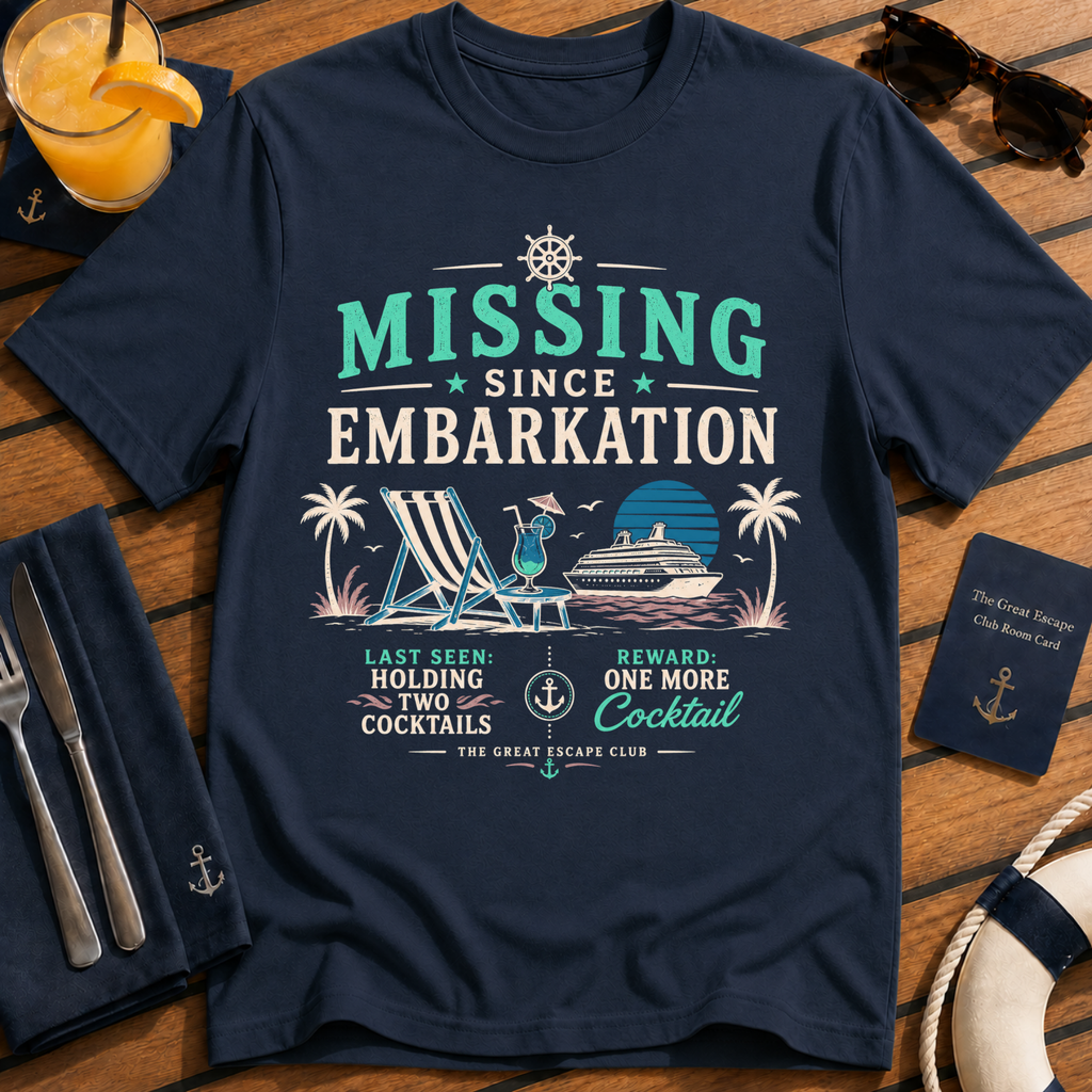 Missing Since Embarkation funny cruise cocktail t-shirt design on Navy shirt