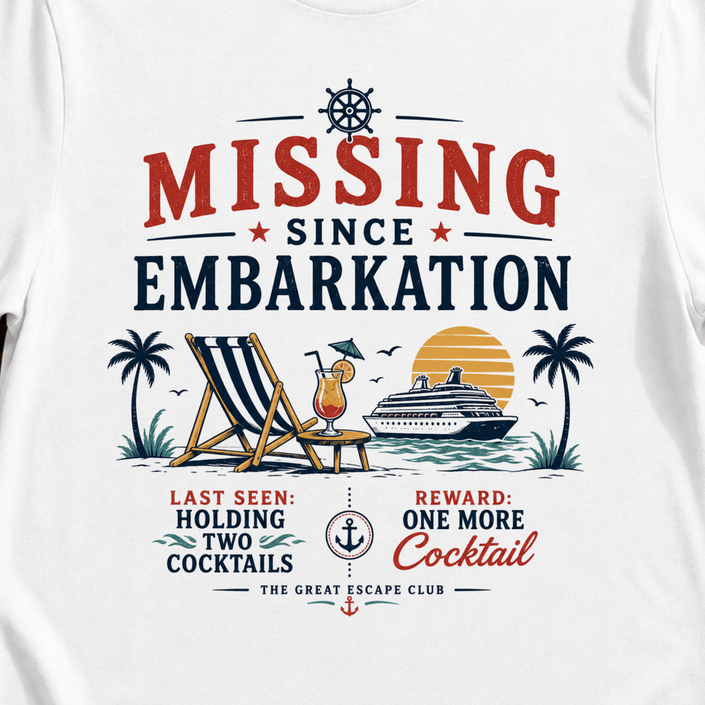 Missing Since Embarkation funny cruise cocktail t-shirt design on White shirt