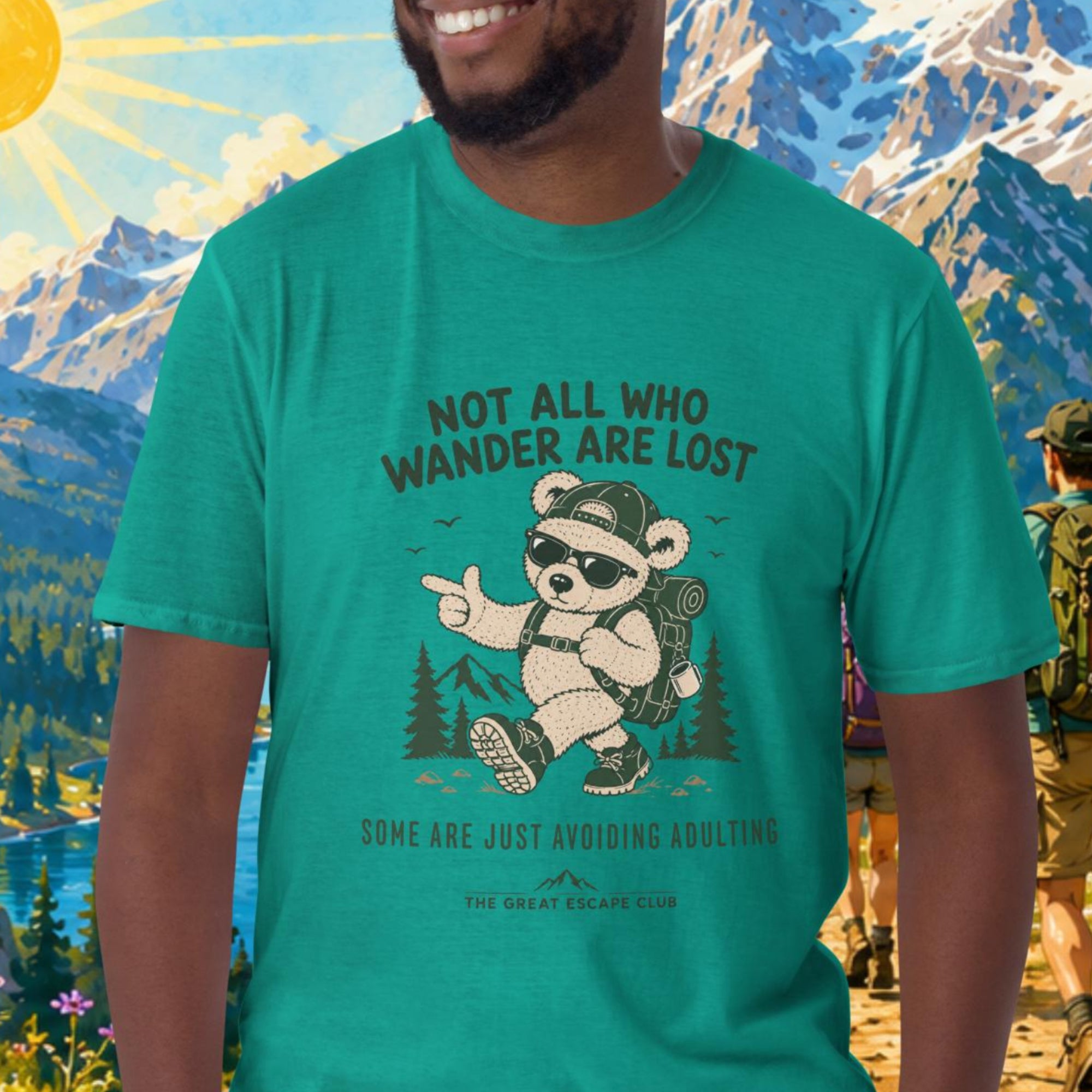 Not All Who Wander Are Lost Some Are Just Avoiding Adulting unisex T-shirt featuring a funny hiking bear with backpack, cap and sunglasses